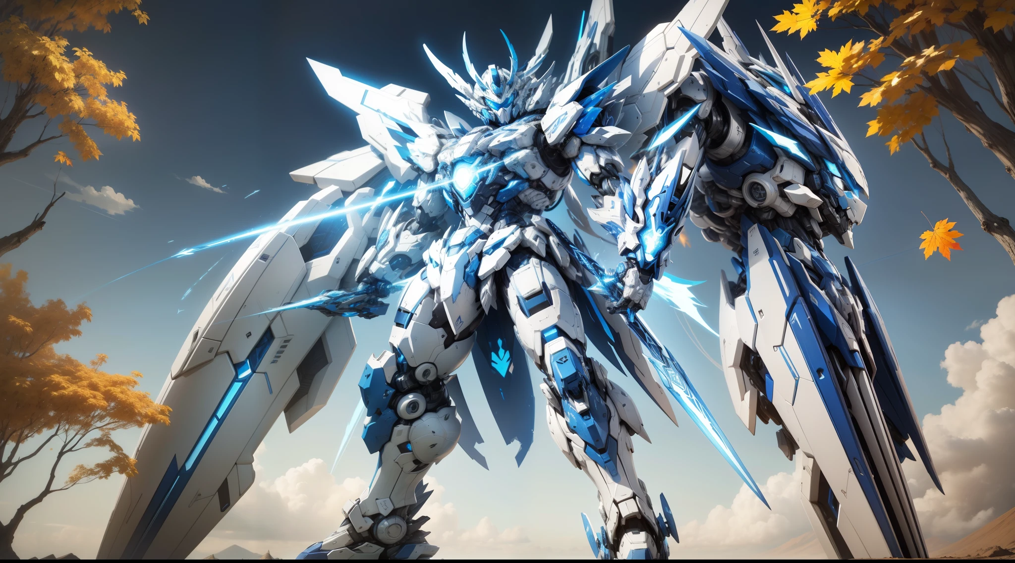 Extreme graphics and extreme art style,The high bitrate is 4K,Extreme light tracing,The ultimate two-dimensional painting style,Side face display,Boutique art anime wallpaper 4k,detailed anime art,Highly extreme blue and white mech,A cute Shotai boy with the ultimate blue and white,Extreme white hair assembly line,The ultimate blue and white armor,Extreme blue and white mech tights,Ultimate glamour eyes,Ultimate blue and white wings,Extreme is holding a blue-white light chasing mecha sword,The face shape is completely exposed,Expose muscle lines,The ultimate blue and white armour,The ultimate blue and white arms unique to the body,The ultimate blue and white mecha robotic arm armor pants,The ultimate blue and white dragon tail,Ultimate blue and white mech legs,There are also the ultimate blue and white mechanical shoes,Tougher than any body,The background is futuristic city style,There are also autumn maple leaves floating under the trees,Must be a very cute boy