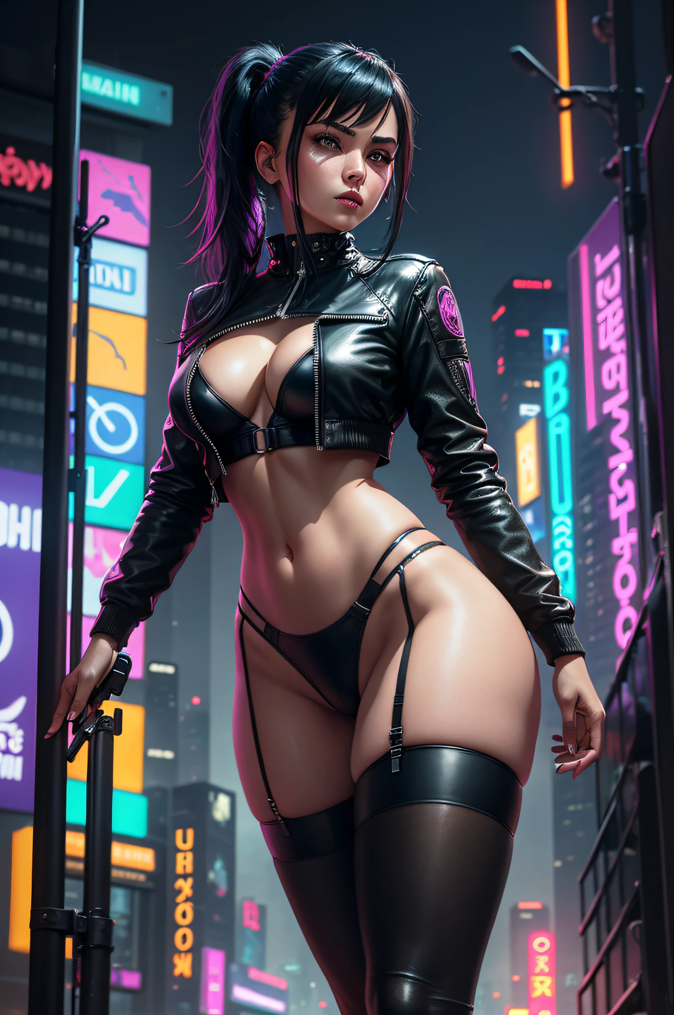 In cyberpunk cities,neonlight,advertising billboard,Beautuful Women,Face the camera,black color hair,pony tails,Bigchest,The body is slender,Wear a leather cropped jacket,Black transparent underwear,black lence stockings