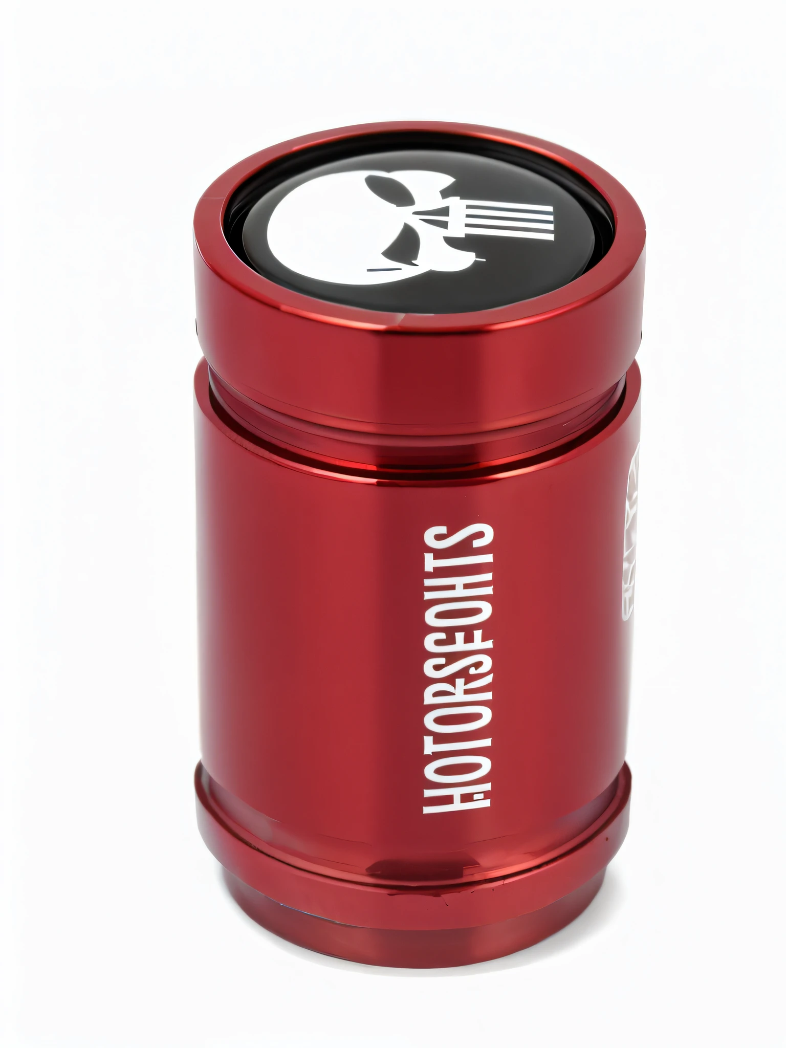 Close-up of a red container，There is a skull on it, hero shot, Official product photo, full product shot, HD", high res photograph, Full shot ( FS ), High-octane filter, high res photograph, full-shot, full-shot, it has a red and black paint, hand grenade, smoke bombs, full shot photograph, Official product image