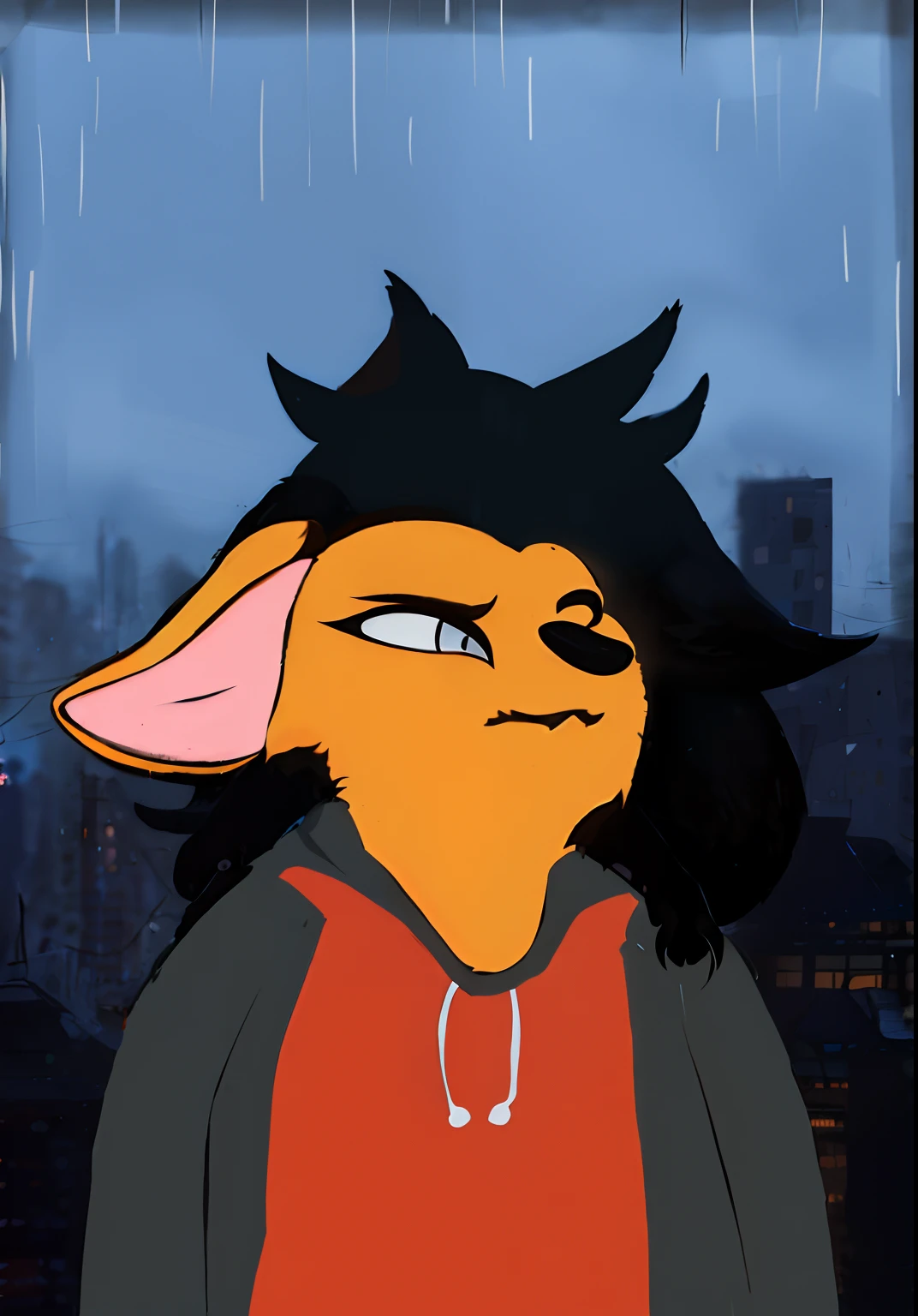 There's a cartoon cat with a hood standing in the rain, an anthropomorphic gangster rat, anthropomorphic gangster rat, sly expression, rato raivoso gigante, An anthropomorphic mouse, anthropomorphic rat, an anthropomorphic cyberpunk fox, furafinidade peluda, Arte no estilo de Joshy Sly, desenho peludo profissional