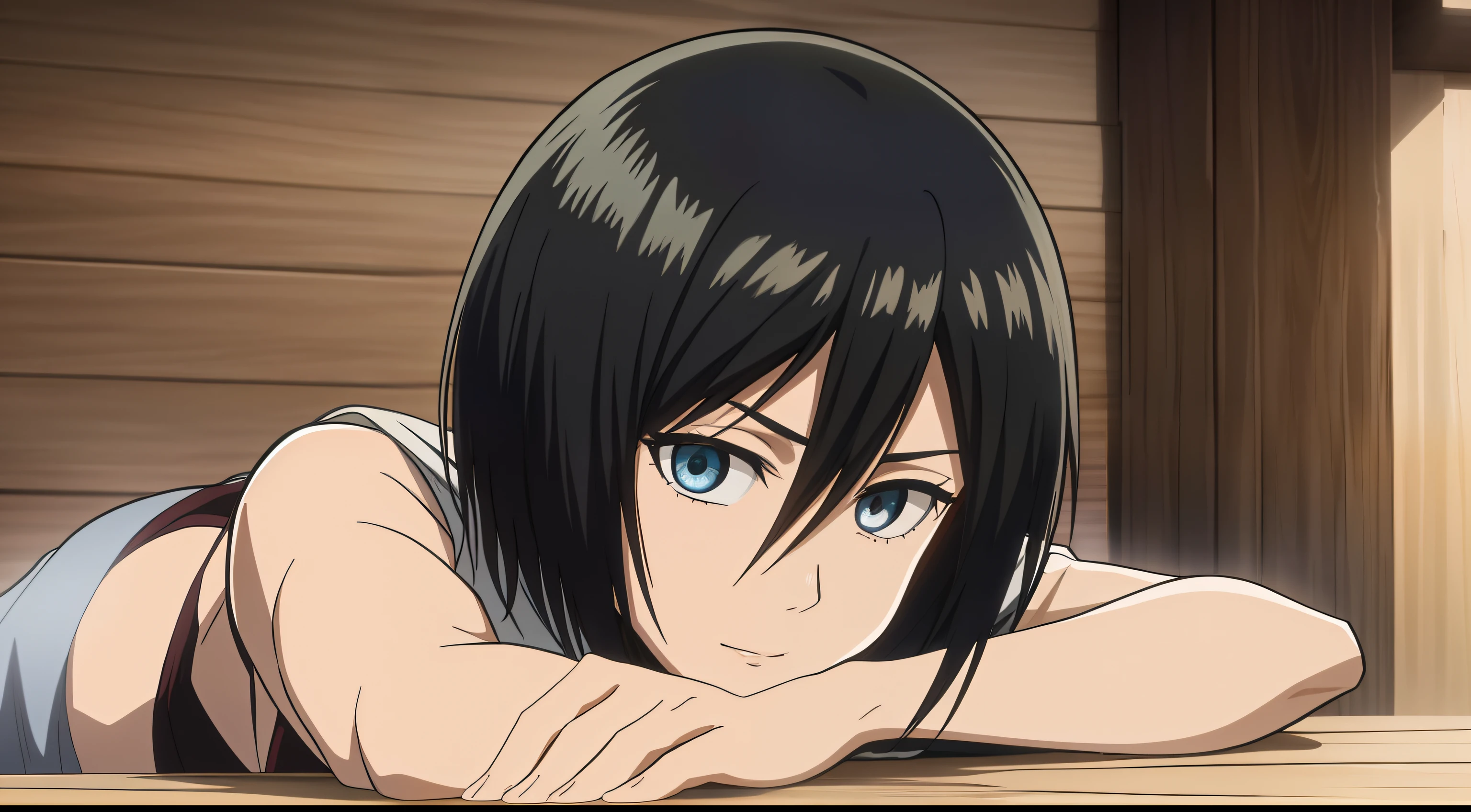 1 asian anime girl, mikasa ackerman, (cabelo preto: 1.3), cabelo entre os olhos, cabelo curto, costeletas, olhos cinzas, decote, solo, obra-prima, melhor qualidade, 8k, She's in a Japanese sauna, pensando e olhando para baixo