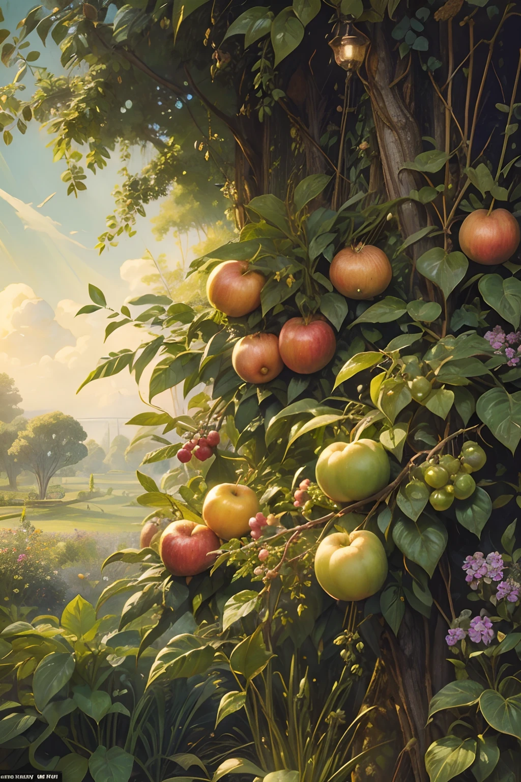 Vintage Victorian style　Precise vintage encyclopedia (best quality:1.2), (detailed:1.2), (masterpiece:1.2), vintage illustrations of fruit garden, fruits, botanical, ((without people)) ((nobody)) iridescent light, raindrops, sunny day, still life, nature