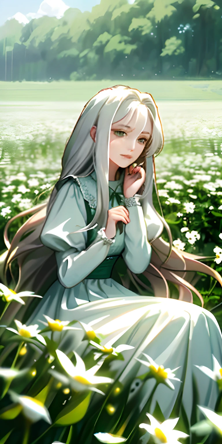 （tmasterpiece，best qualtiy），1 girl with long white hair sitting in a field of greenery and flowers，her hand under her chin，warmly lit，white dresses，Blurred foreground，In the background is a large field of green flowers，tmasterpiece，best qualtiy，cinematic Film still from，gentlesoftlighting，（bauhause，Shape，lineworks，abstracted：1.1），Theme green