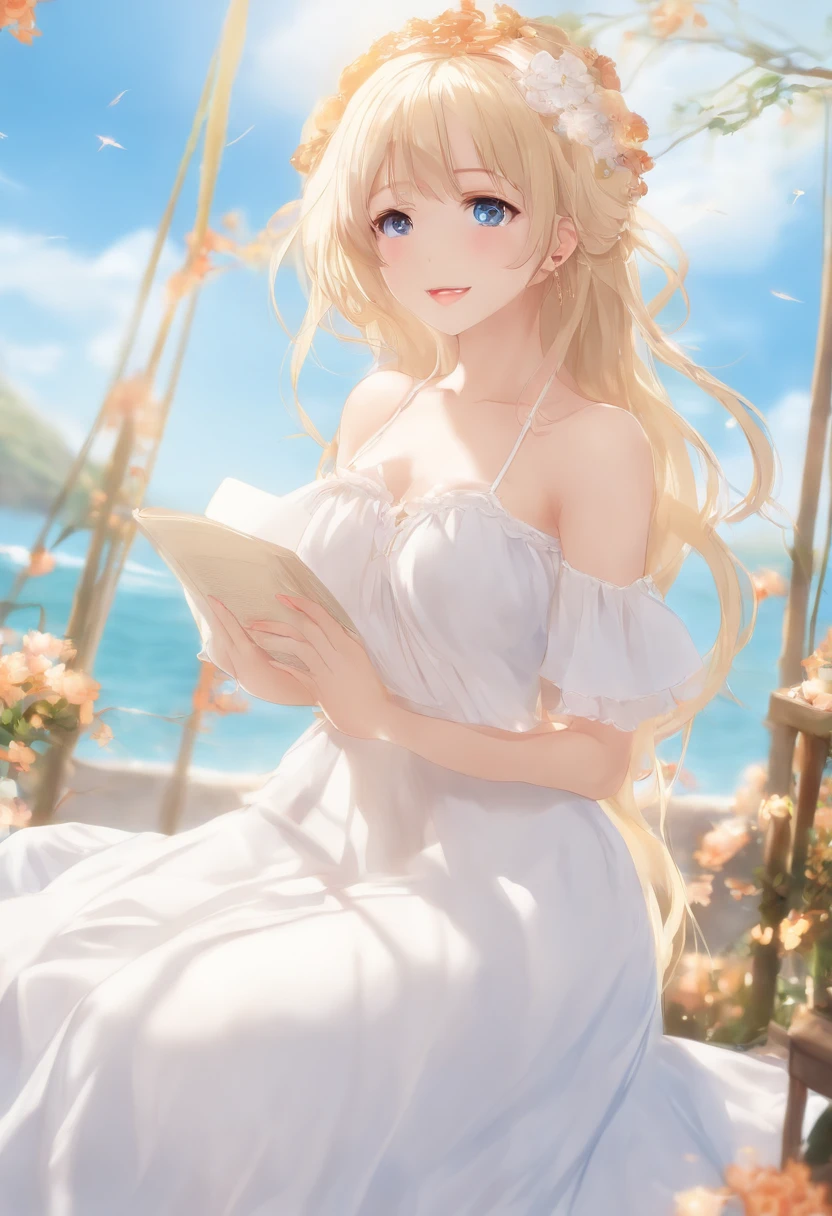 1 girl, (medium blonde hair), 20 anos, azul_heaven, segurando uma flor branca, 夏天 (season), vestido branco longo, heaven, ao ar livre, nuvens e sol, franja, sorrir, sky blue eyes, bare shoulders and feet, perfect hands, Hand and foot details, Dedos reparados. Brincos, mar + Background Story, Olhando_em_visualizador, Qualidade Superior, Riqueza de detalhes, Qualidade de imagem perfeita, nascer do sol, realista