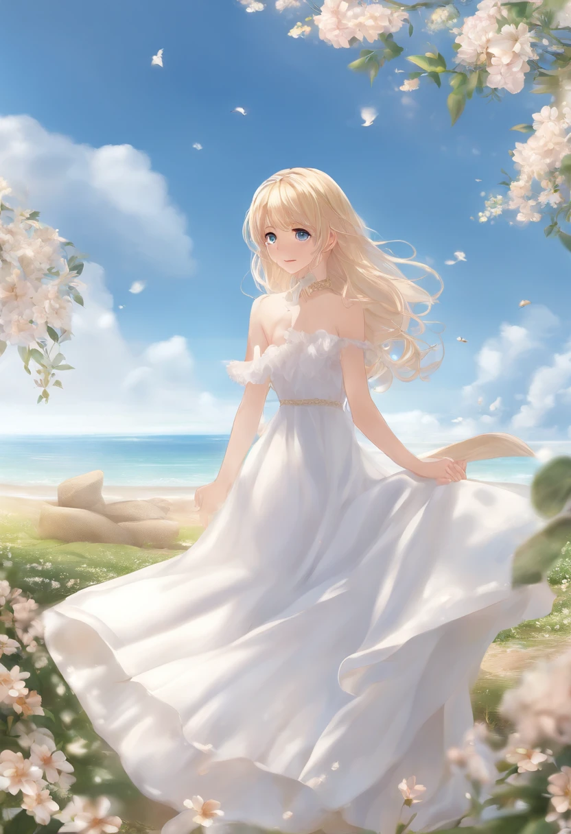 1 girl, (medium blonde hair), 20 anos, azul_heaven, segurando uma flor branca, 夏天 (season), vestido branco longo, heaven, ao ar livre, nuvens e sol, franja, sorrir, sky blue eyes, bare shoulders and feet, perfect hands, Hand and foot details, Dedos reparados. Brincos, mar + Background Story, Olhando_em_visualizador, Qualidade Superior, Riqueza de detalhes, Qualidade de imagem perfeita, nascer do sol, realista