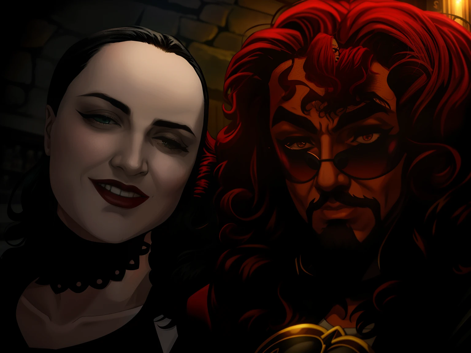 Photo of Creepy gothic couple at home, redhead woman 1man, thick Curly hair, sunglasses, goatee, night, style of Addams family, detailed, 8k, flash photography, high saturation