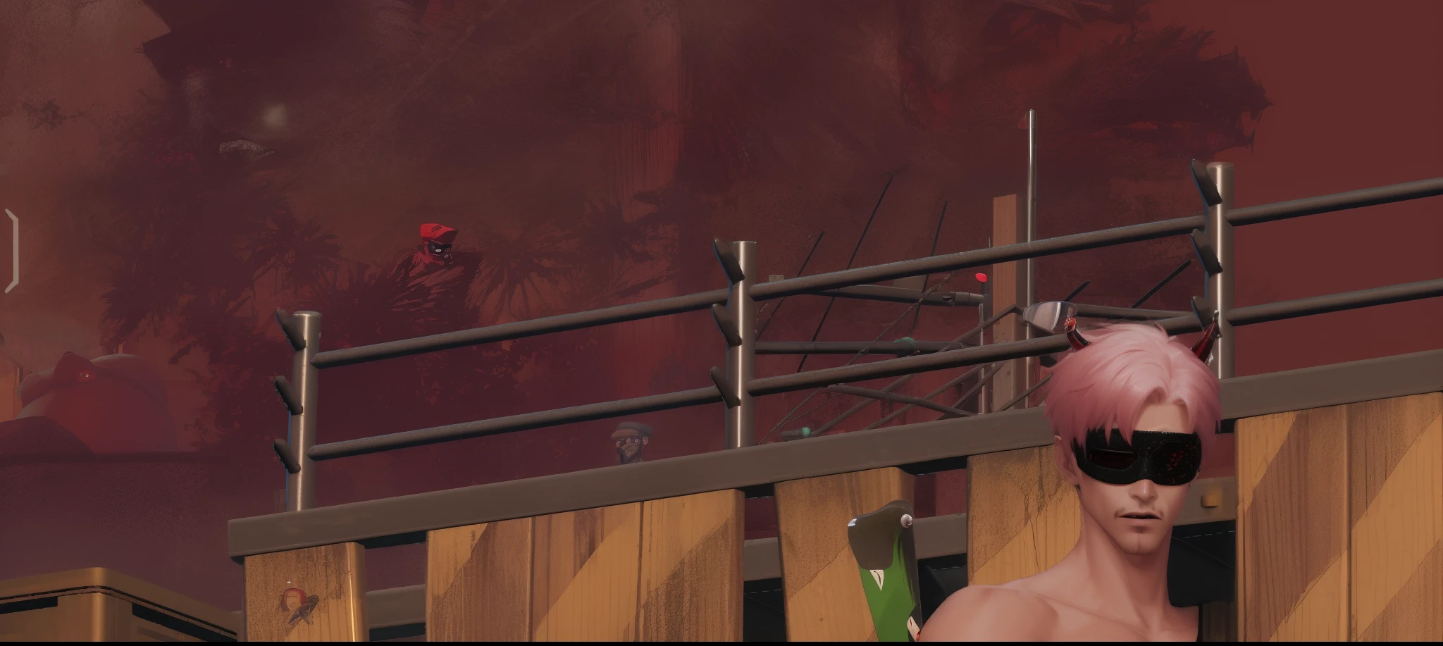 there is a man with a hat and sunglasses on standing on a skateboard, wearing an eyepatch, he wears an eyepatch, evil devious male, beefcake pose, wearing red tainted glasses, eyepatch, wearing shiny black goggles, cyber goggles, extreme detail skin, black eyepatch, in game, ingame image, goggles on forehead, in-game
