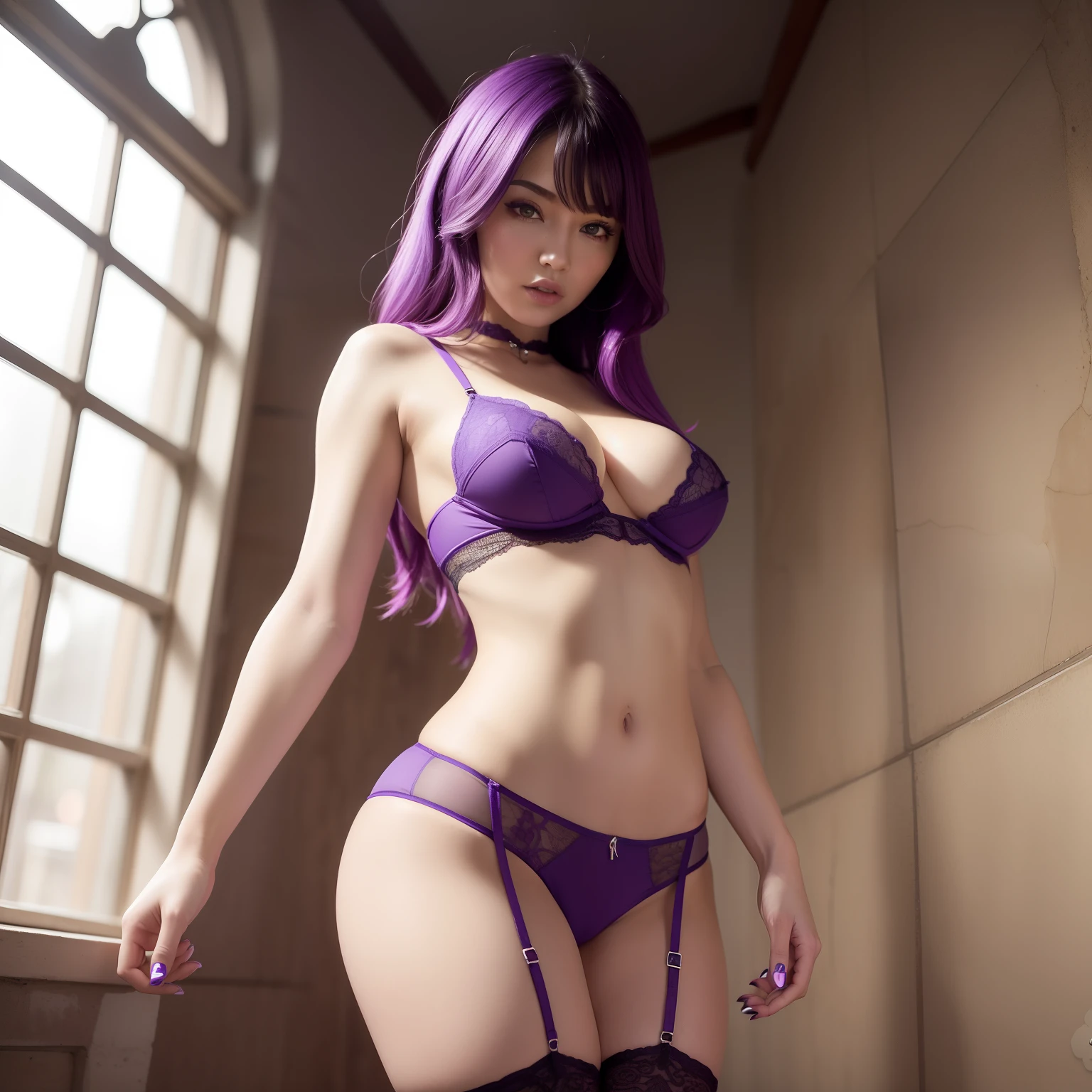 Crotch hot kind of, sensational look, y purple lingerie, top quality, masterpiece, high definition, one girl, sexxtreme, attractive, thin lace with large cutouts, sexy btiful face, purple hair, stockings, perfect slim body, perfect snow-white skin, atmospheric see-through, sexy poserotch spread, big drooping,
