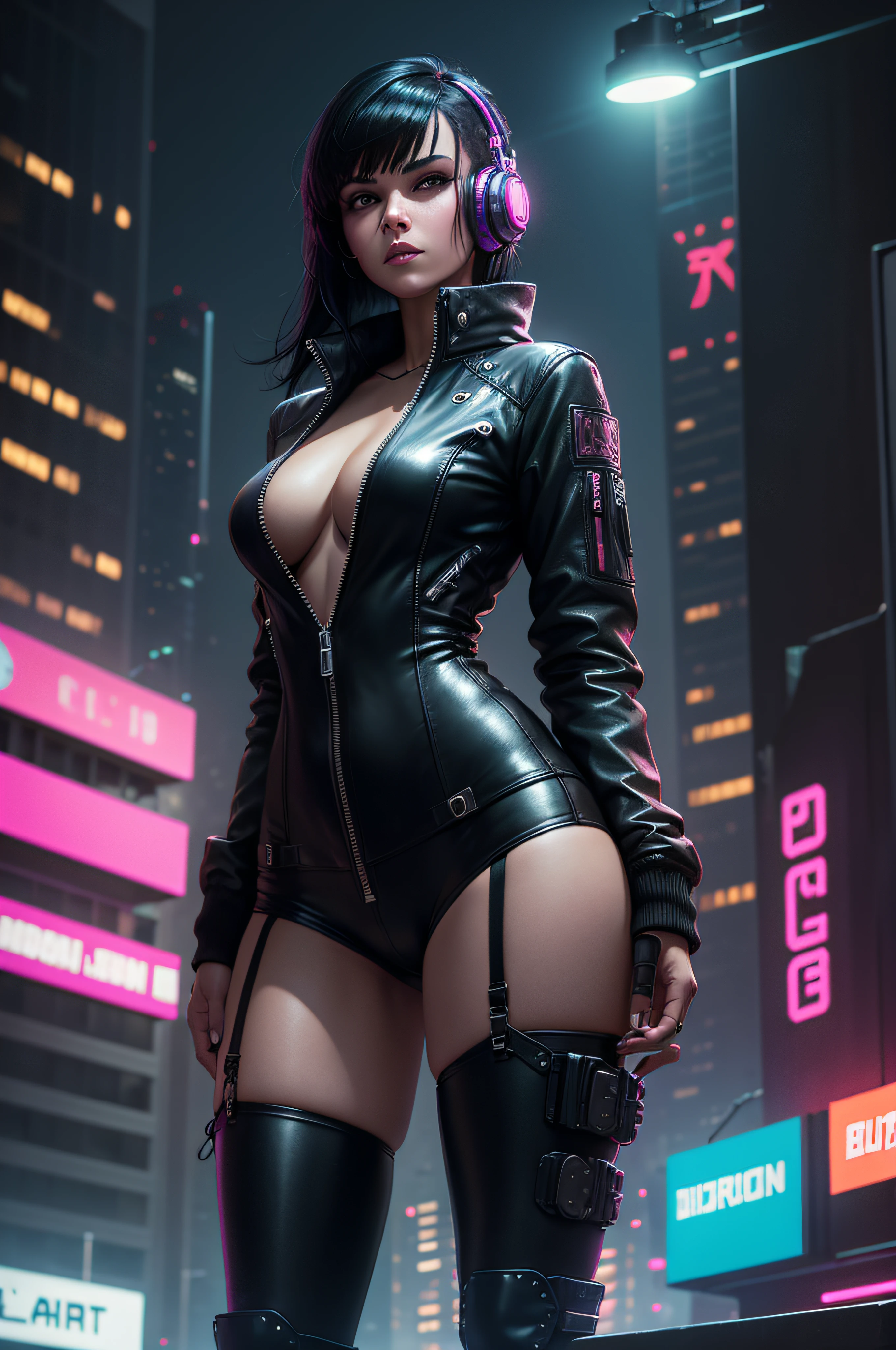 In cyberpunk cities，neonlight，advertising billboard，Beautuful Women，Face the camera，full bodyesbian，black color hair，Short black bangs，Bigchest，The body is slender，with headphones on，Wear goggles，Wear a leather cropped jacket，Black body suit，black lence stockings，Short Martin boots，