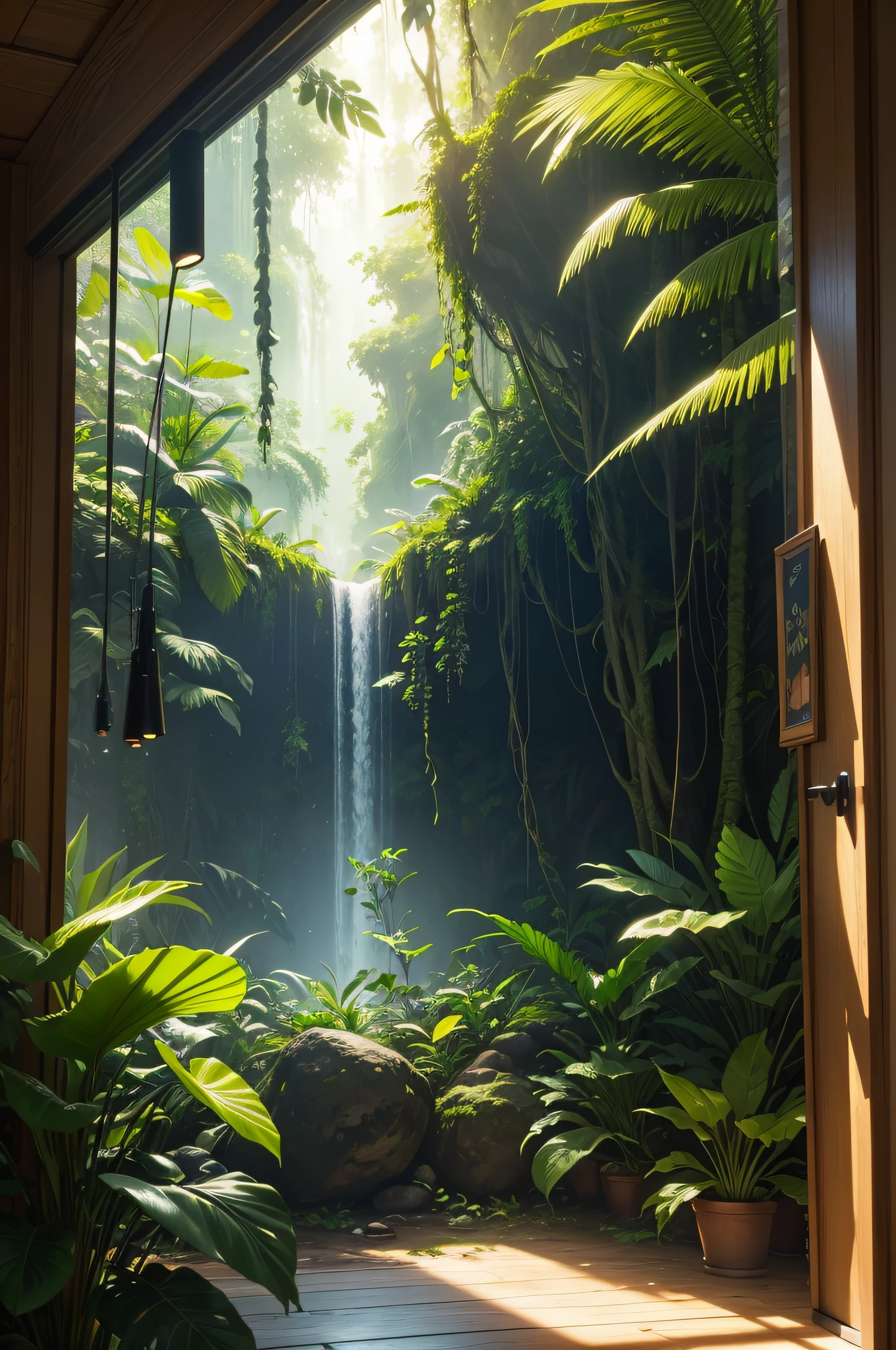 Gaming room, landscape, nature, of a dense jungle filled with exotic plants, beautiful lighting, (masterpiece, best quality, highres, UHD, depth of field, 4k, RTX, HDR), hyper realistic, 8k UHD, DSLR, high quality, Cinematic light, Amazing, ray tracing,