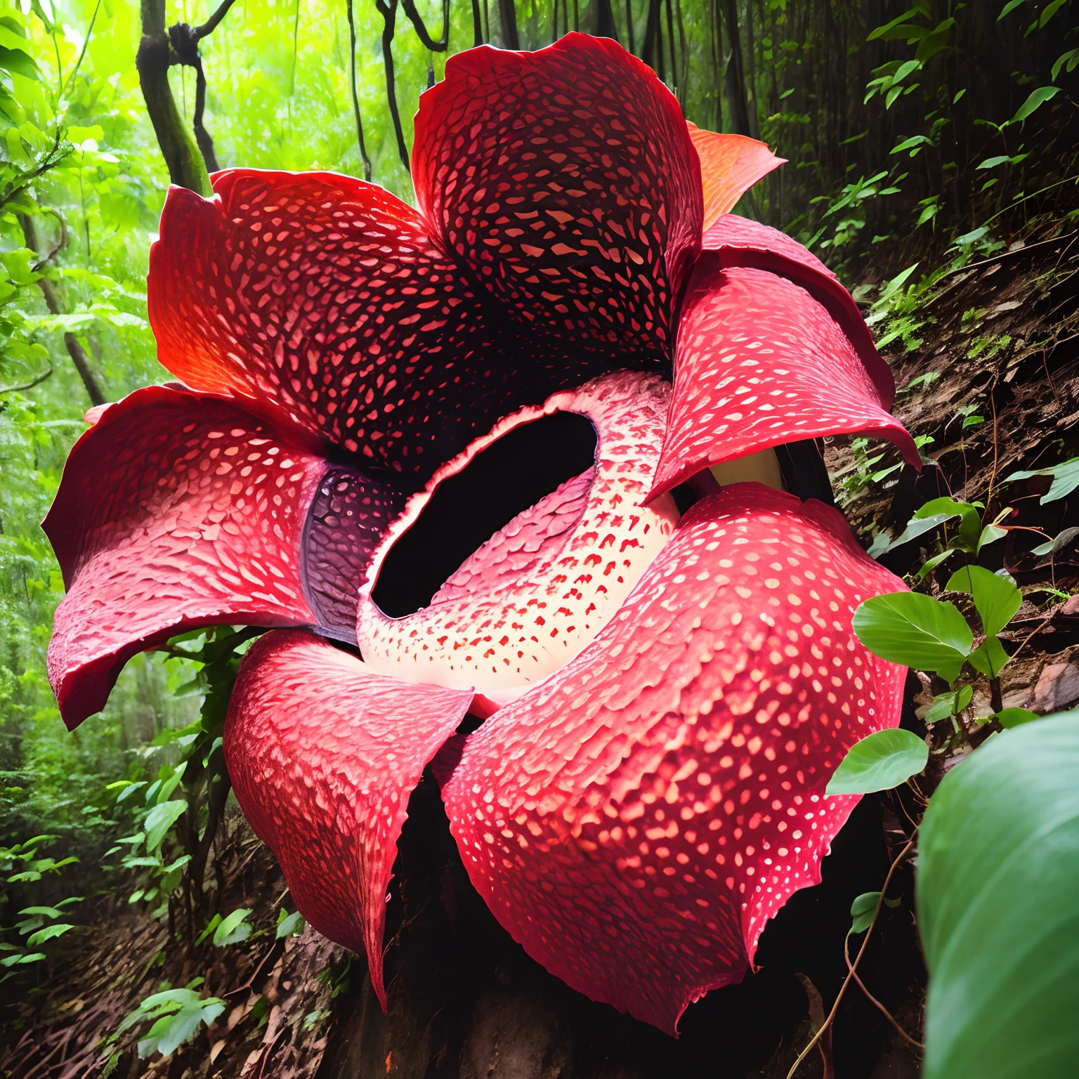 Rafflesia, Rafflesia flower, jungle, grim fog, dark, dirty water, ugly trees, evening, dark sky, palms, clouds, fog