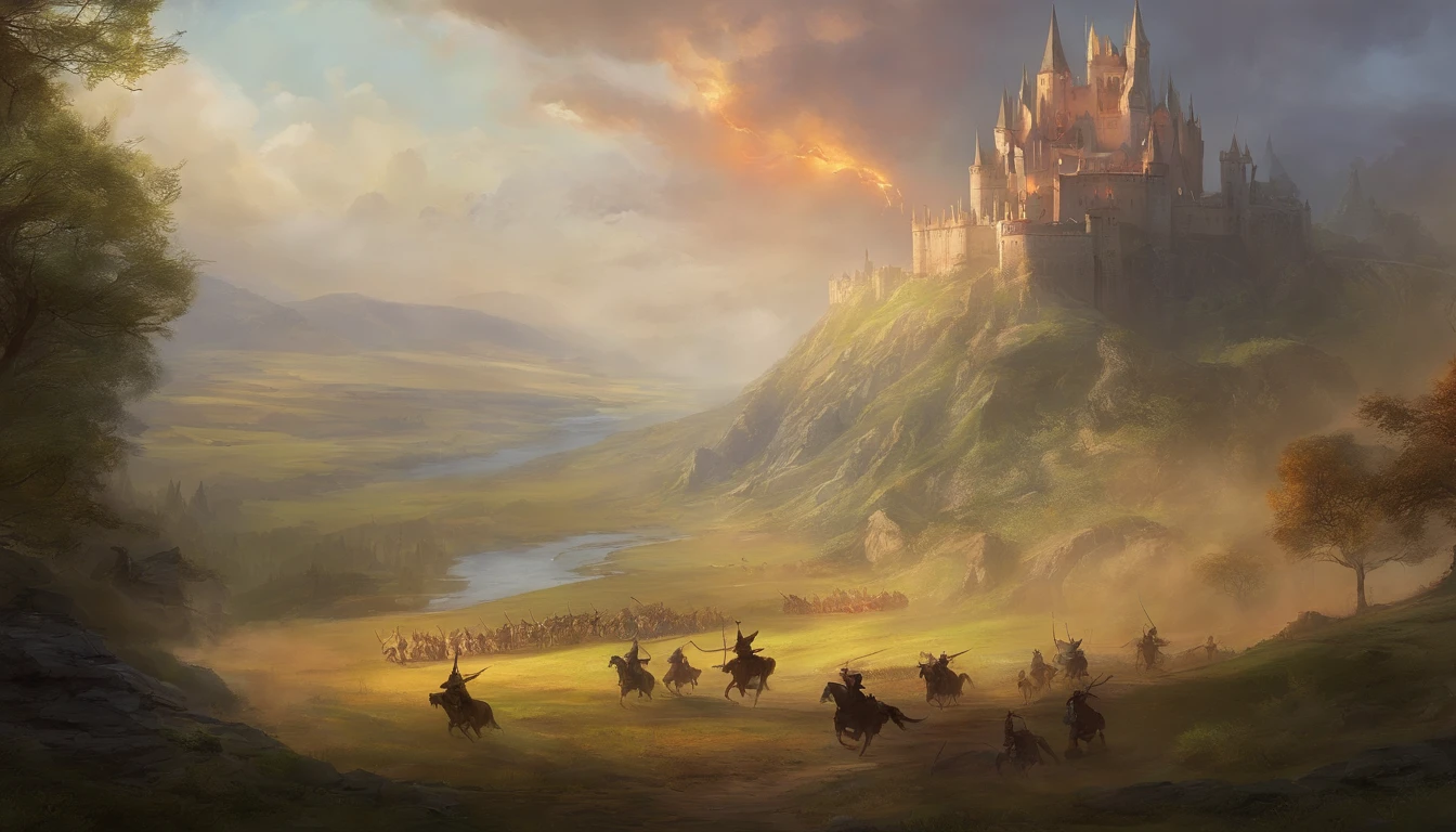 A close-up of a medieval war scene，sportrait，The fighting was fierce，spectacular，The medieval crusaders fought a lot of terrifying battles(Minotaur team：1.3)，(Overwhelming enemies)，On the plain，eventide，Medieval landscape，Fantastical，4K，best qualtiy，primitive，（(Ultra-detailed and high-precision details))，Photo texture，真实感，Delicate and smooth，Light,rendering by octane，CG masterpiece