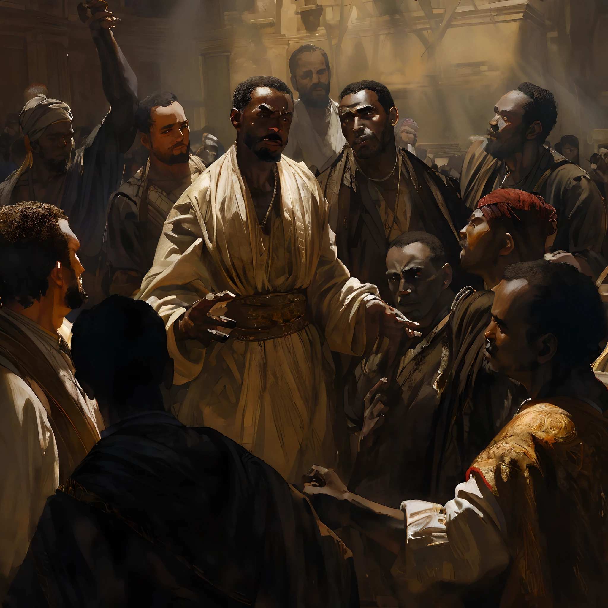 Group of black African men, with typical African clothing, arguing, angry, tense faces, chaotic atmosphere, place with Athens school style architecture, panoramic image, cinematic, dark lighting, rays of light, 1800s, African symbology and gold. painting, renaissance, raditional medium,classic Renaissance painting,neoclassical style,portraits,classical sculptures,historical scenes,dramatic lighting,rich color palette,ornate backgrounds,exquisite details,realistic skin tones,muscular figures,