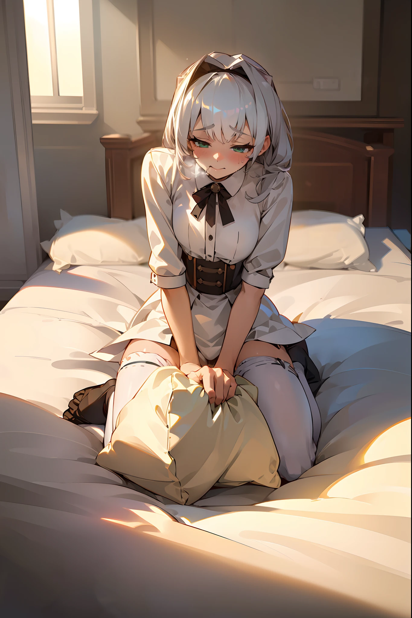 (best quality,8kmasterpiece:1.37),solo, petite, girl, humping pillow, on a bed, white hair, green eyes, white shirt, black panties, white stockings, (uncontrollable pleasure:1.5), (heavy breathing:1.2), (eyes half closed), sunray, morning, sunlight, (masturbation:1.2), from above, sfw.