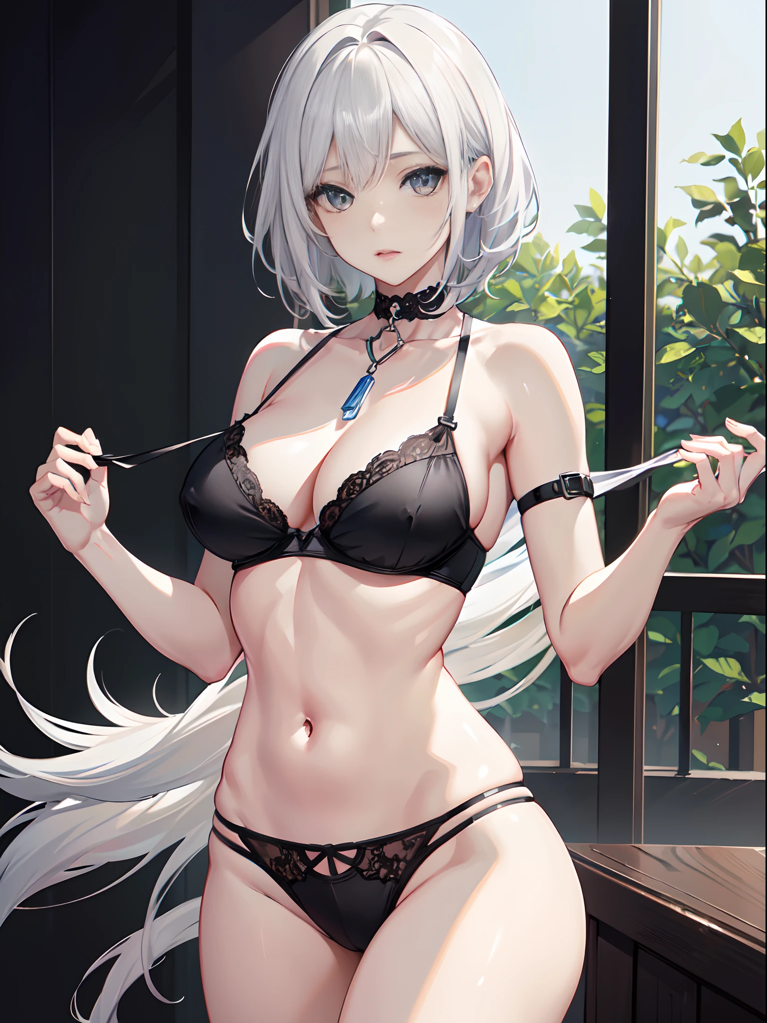 (best quality,4k,8k, high resolution, masterpiece:1.2),ultra-detailed, realistic, sexy grey-eyed girl looking at the viewer with her short grey hair flowing, medium-sized breasts, black sexy bra, white hair