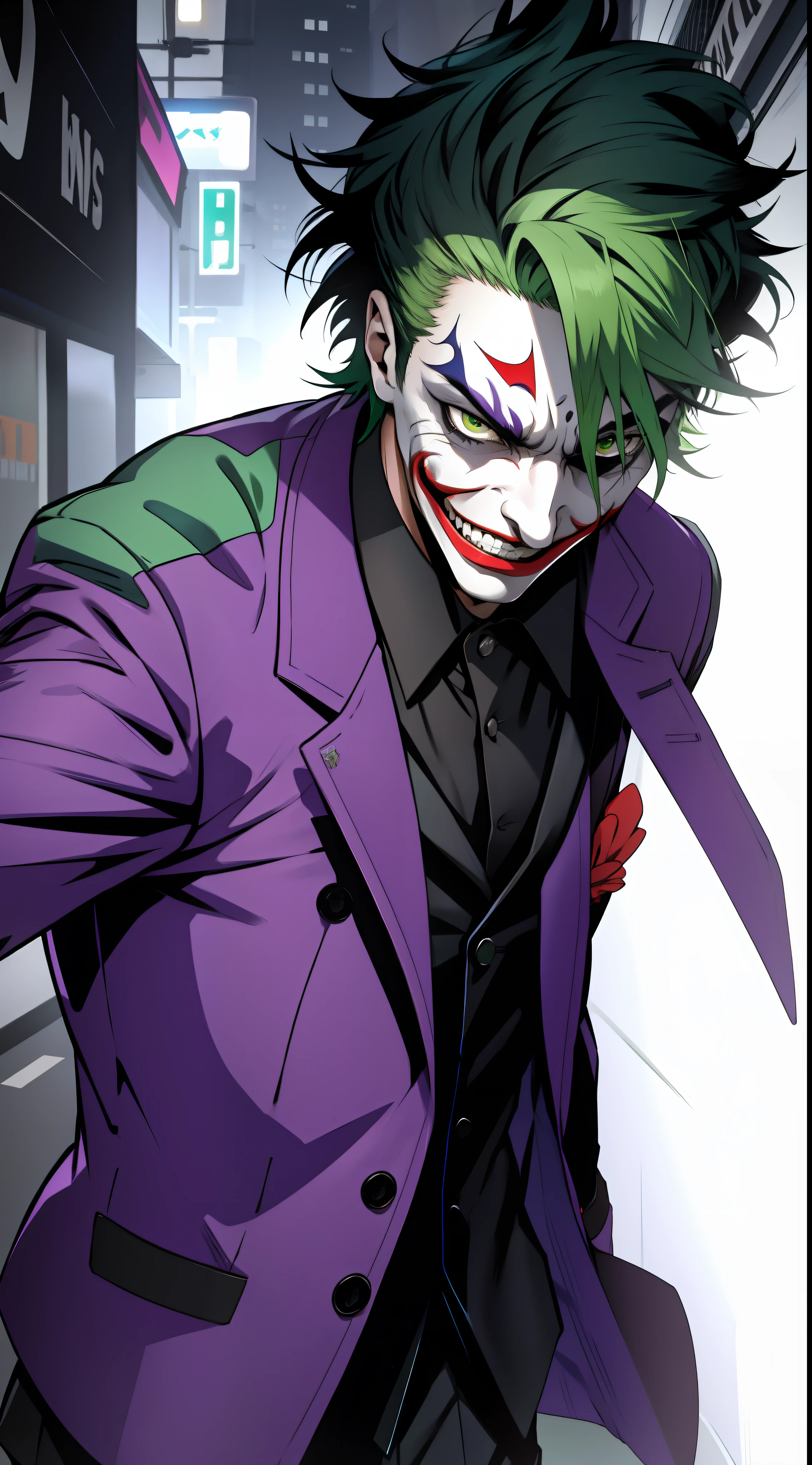 Joker, green hair, purple jacket,