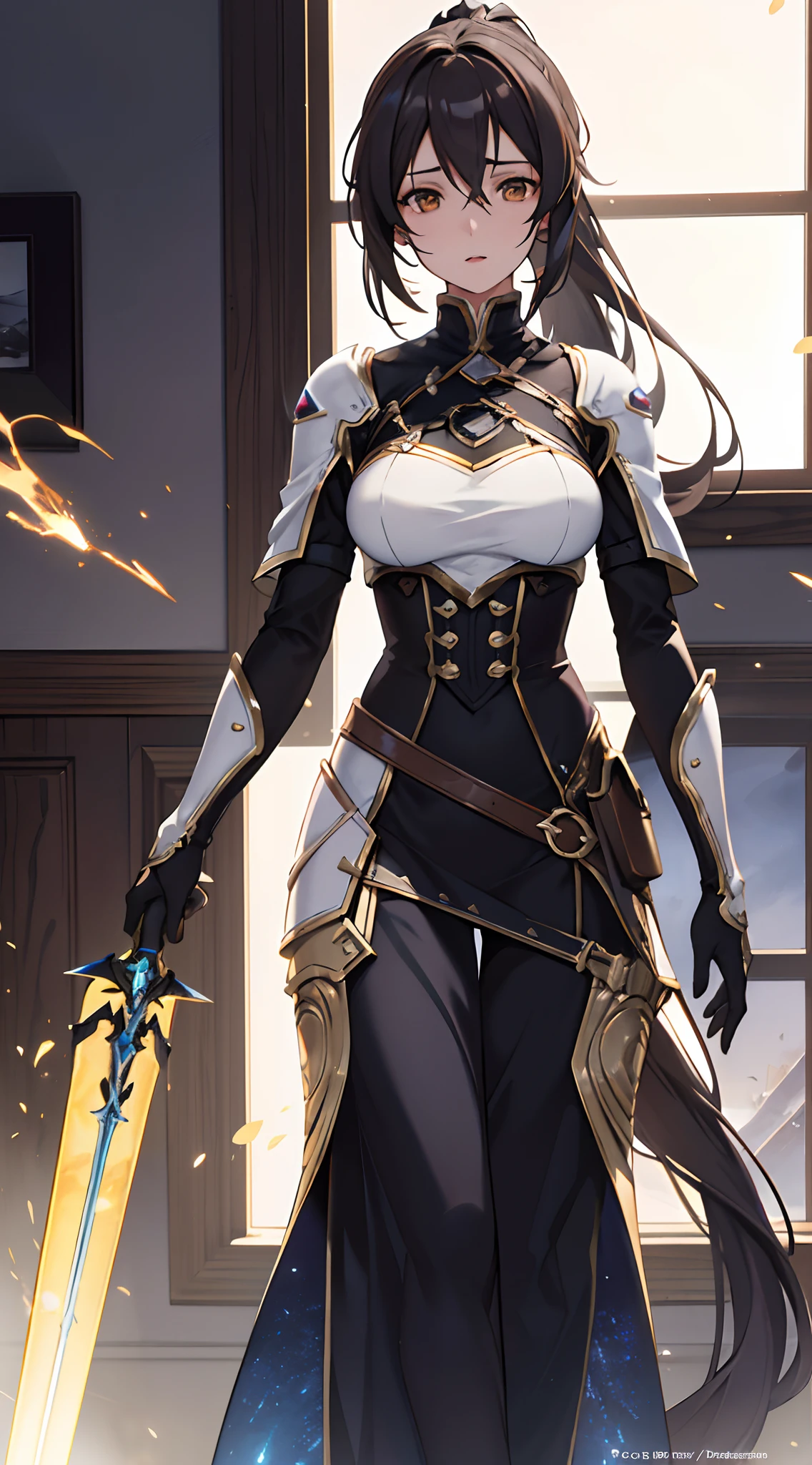 1girl, beautiful hair, golden eye, katana, flames, burning houses, glowing, sidelighting, wallpaper,