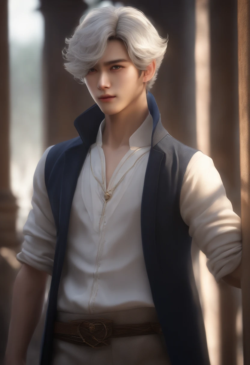 (absurderes、hight resolution、ultra-detailliert、HDR)、masterpiece、top-quality、male 、独奏、a handsome、shorth hair、white hair、finely eye and detailed face、Casual clothing、Real Shadows、