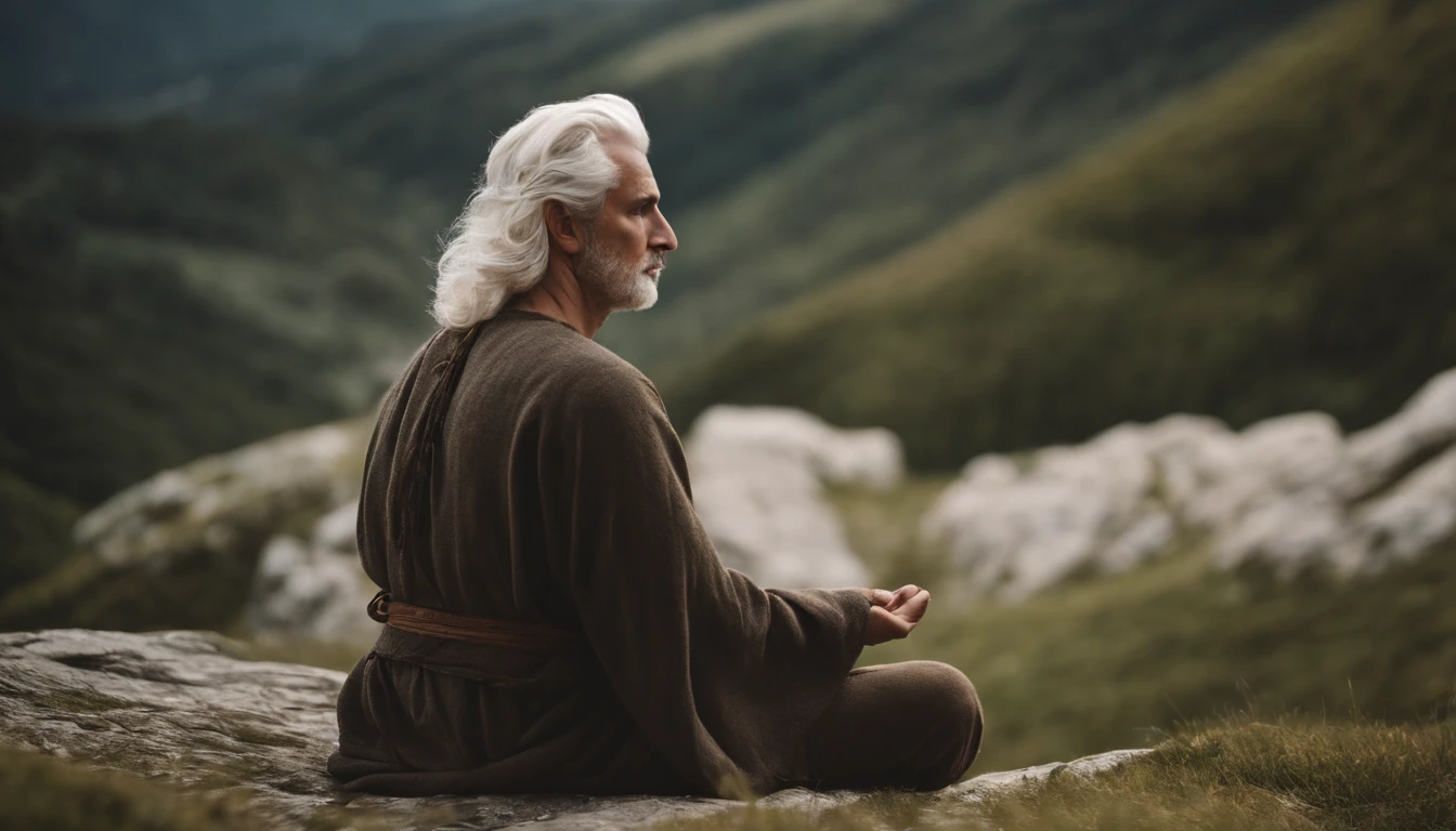photo of an inspiring setting full of Italian mountains, of a man about 19 years old, on his back meditating, natural white hair, ultra sharp focus, photo realistic, medieval men's clothing, tetrahedral colors (scar:1,4)
