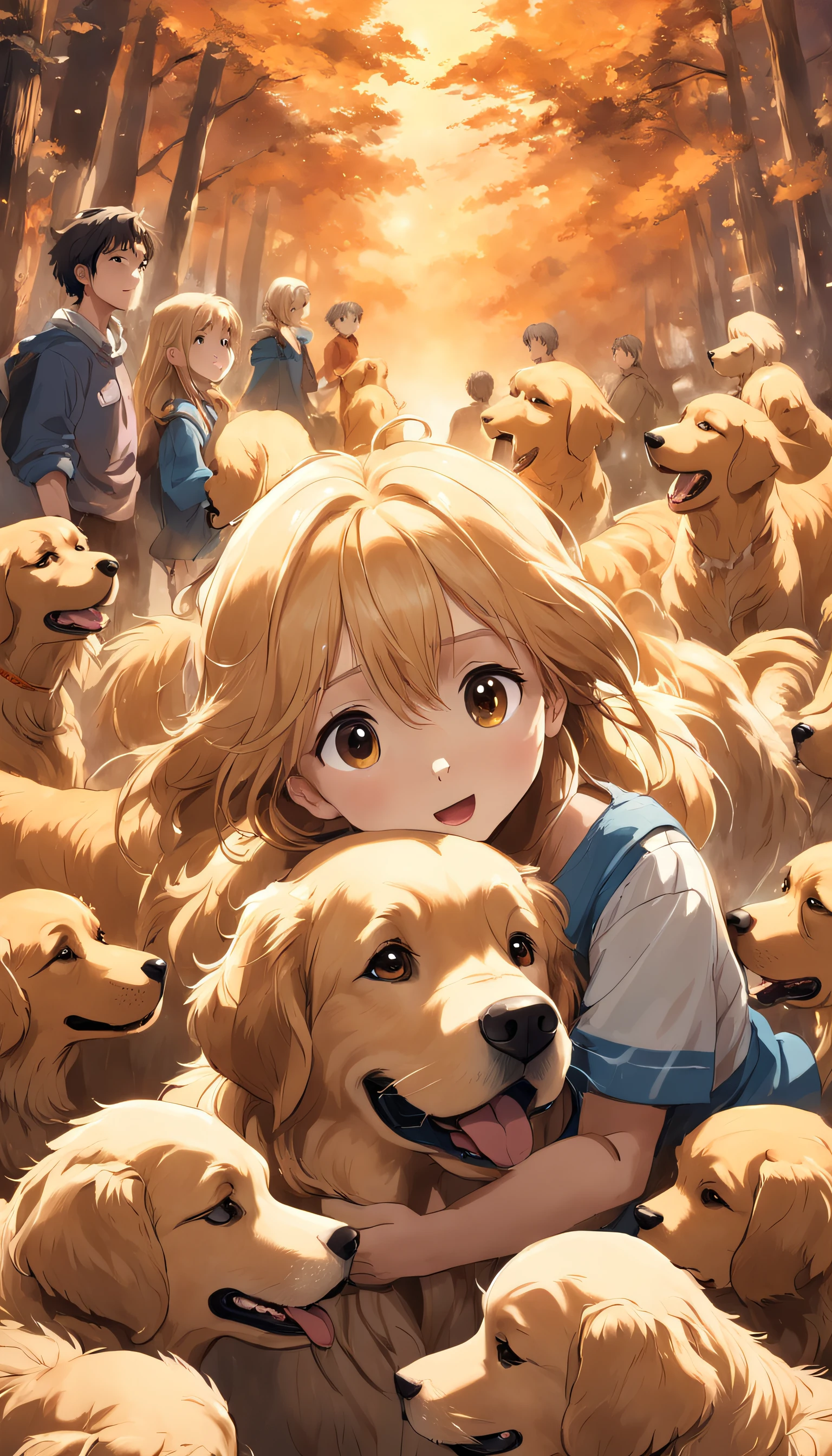 Golden Retriever junto com seus cinco filhotes, desenho, livro infantil
