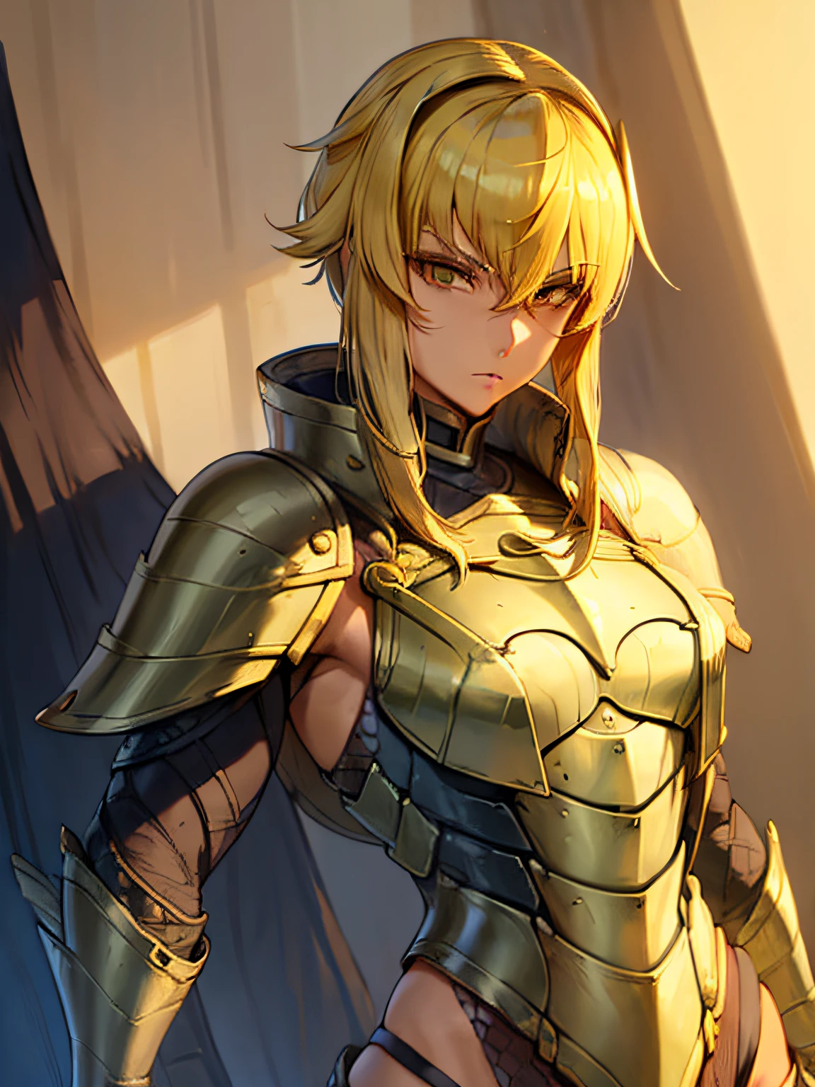 1 girl, ((commander armor)) ,(Yuan-ti)), snake face, (((snake skin))),((full paladin armor)), ((flat chest)),yellow hair, short haircut