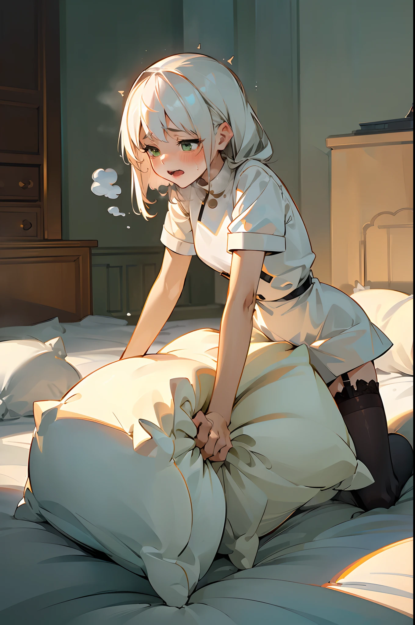 (best quality,8kmasterpiece:1.37),solo, ite, girl, humping pillow, on a bed, white hair, green eyes, white shirt, black panties, white stockings, (uncontrollable pleasure:1.5), (heavy breathing:1.2), (eyes half closed), sunray, morning, sunlight, (masturbation:1.2), from the side, motion lines, moaning, sfw.