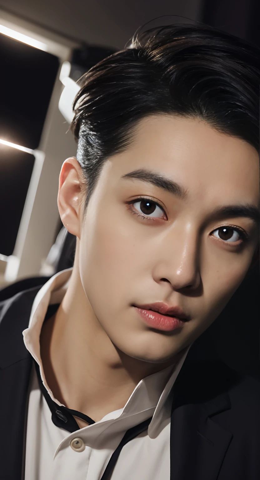 Oppav3, (tmasterpiece, hyper qualit, A high resolution, 8K, 复杂: 1.2), (Detailed face:1.2), (wear black suit:1.5), handsome, Detailed skins, pores, absurderes, hunky, 1boy, malefocus, (Realistis)), office room,Good lighting quality, muscle veins, ((paleskin)), curving, Balanced eyes, Black colored eyes,