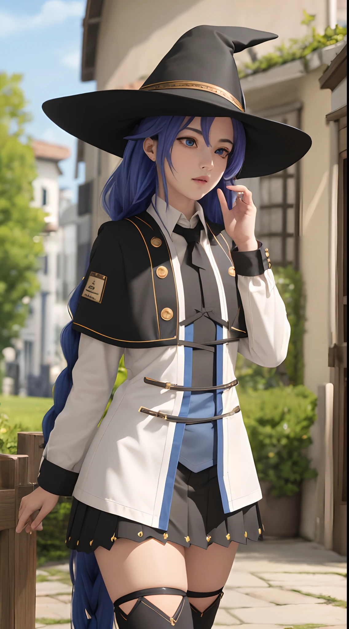 roxymigurdia, roxy, ahoge, black ribbon, blue eyes, blue hair, braid, hair between eyes, hair ribbon, long hair, twin braids, very long hair, hat, witch hat,
BREAK black legwear, black skirt, capelet, jacket, brown jacket, long sleeves, miniskirt, open clothes, open jacket, pleated skirt, skirt, white capelet, white footwear, white jacket,
BREAK looking at viewer,
BREAK outdoors, city,
BREAK (masterpiece:1.2), best quality, high resolution, unity 8k wallpaper, (illustration:0.8), (beautiful detailed eyes:1.6), extremely detailed face, perfect lighting, extremely detailed CG, (perfect hands, perfect anatomy),