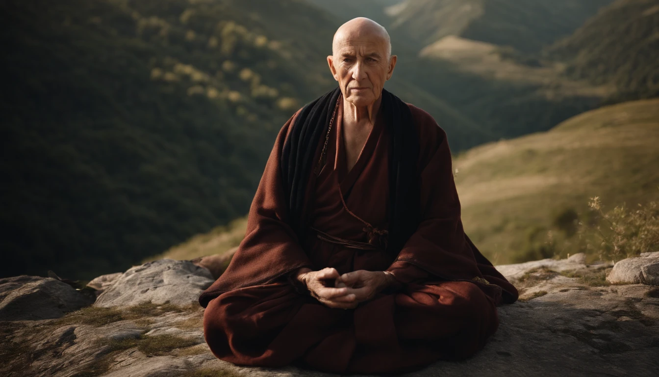 photo of an inspiring setting full of Italian mountains, of a man about 90 years old, bald zen master, on his back meditating, ultra sharp focus, photo realistic, medieval men's clothing, tetrahedral colors (scar:1,4)
