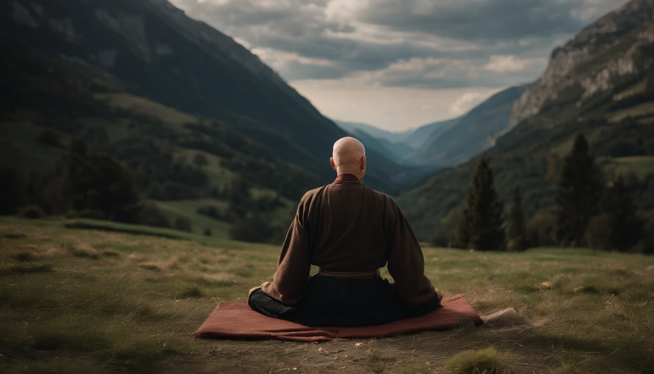 photo of an inspiring setting full of Italian mountains, of a man about 90 years old, bald zen master, on his back meditating, ultra sharp focus, photo realistic, medieval men's clothing, tetrahedral colors (scar:1,4)