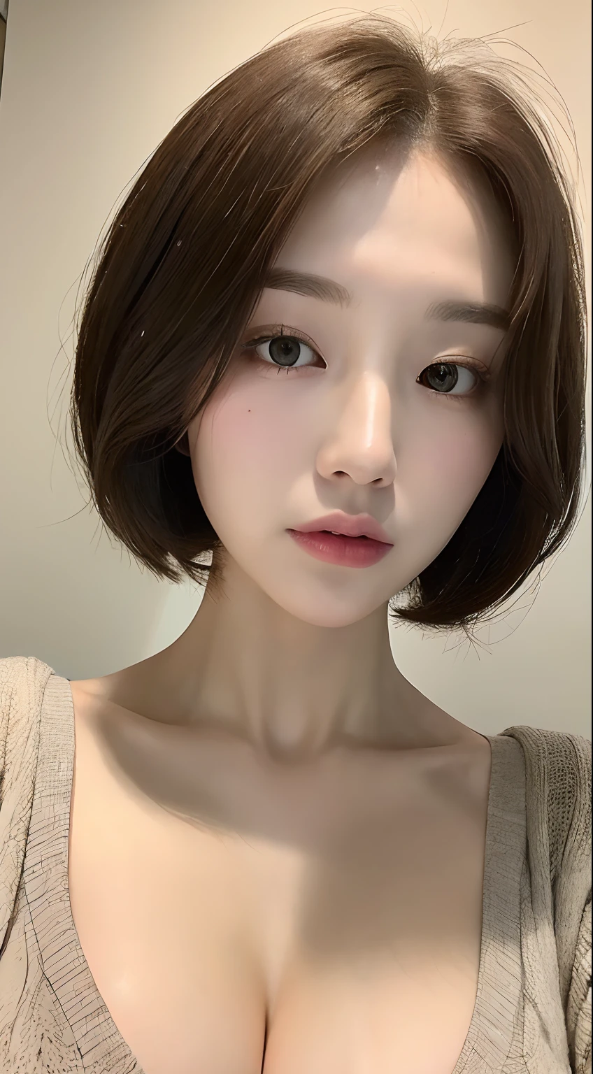 incredibly absurd, beautiful and cute 20-year-old Korean girl with a photorealistic face, showcasing top-quality craftsmanship. Her slender frame adorned with short, messy hair. The artwork high-resolution, allowing for ultra-detailed features to be captured flawlessly. The girl depicted naked. The focus lies on the realistic pupils, showcasing depth and emotion. ((breasts out)) cute smile.