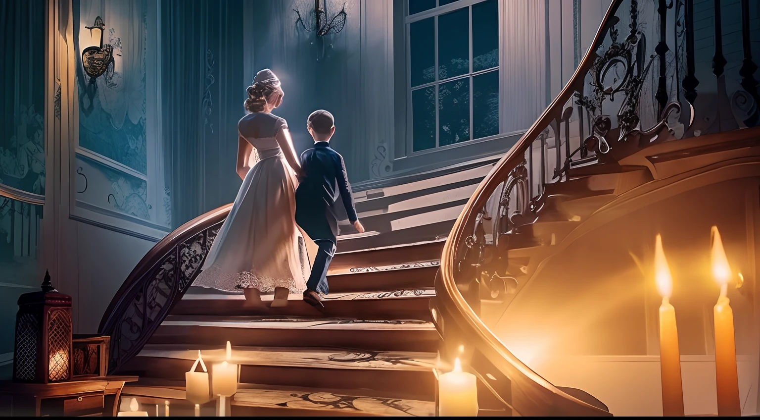 Real photograph of A blonde woman in a long lace dress and a boy wearing 1950s schoolgirl clothes climbing the stairs of a haunted mansion, lit by lit candles and lightning from the storm outside. Ultra-detailed illustration showing all the details of this old and sinister mansion, the bedroom doors at the end of the staircase, the woman and the boy going up the stairs