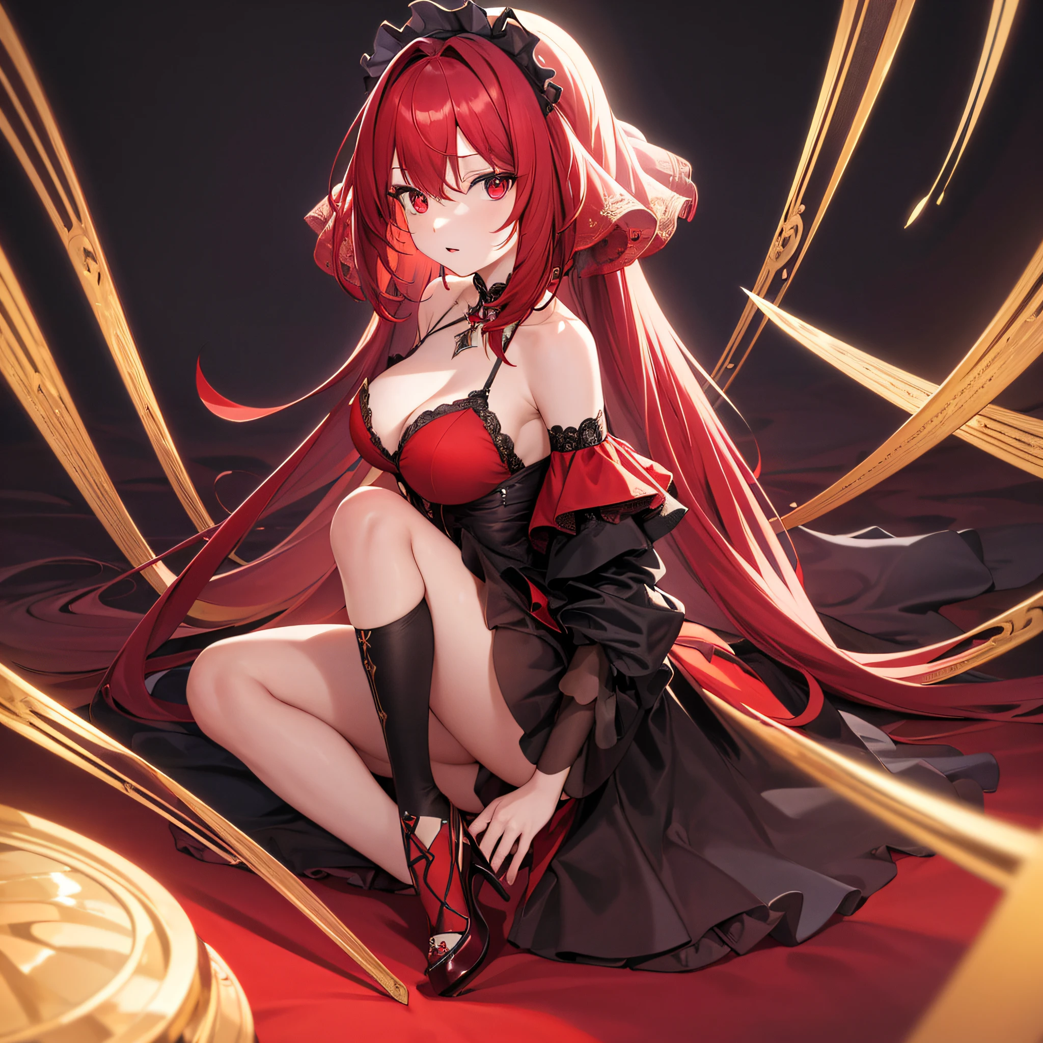 Masterpiece, beste-Qualit, 4K Image, Ultra HD, higly detailed, A girl, Vermilion hair, Medium Hair, red-eyes, expressive eyes, stocklings, transparent dress