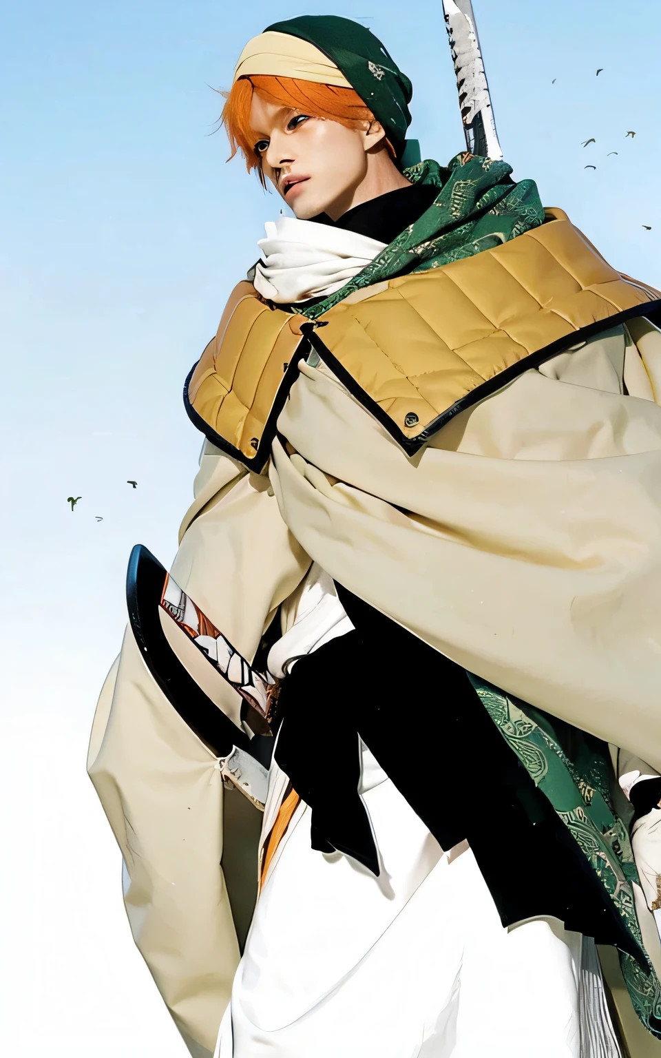 anime character with orange hair and a sword and a cape wearing a green turban on his head, close-up!!!!!, full body close-up shot, high quality, [:intricate details:1.0], realistic:1.3, ultra realistic, real life, live action, photo realistic, 4K, high resolution, photo-realistic:1.3