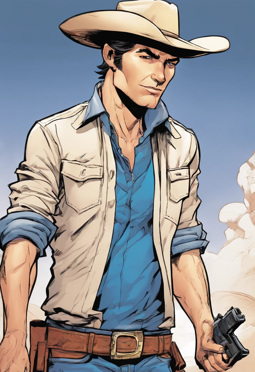 Cowboy, rugged, blue shirt, hat, gun belt, short hair, clean shaven, crossed arms, neck scarf