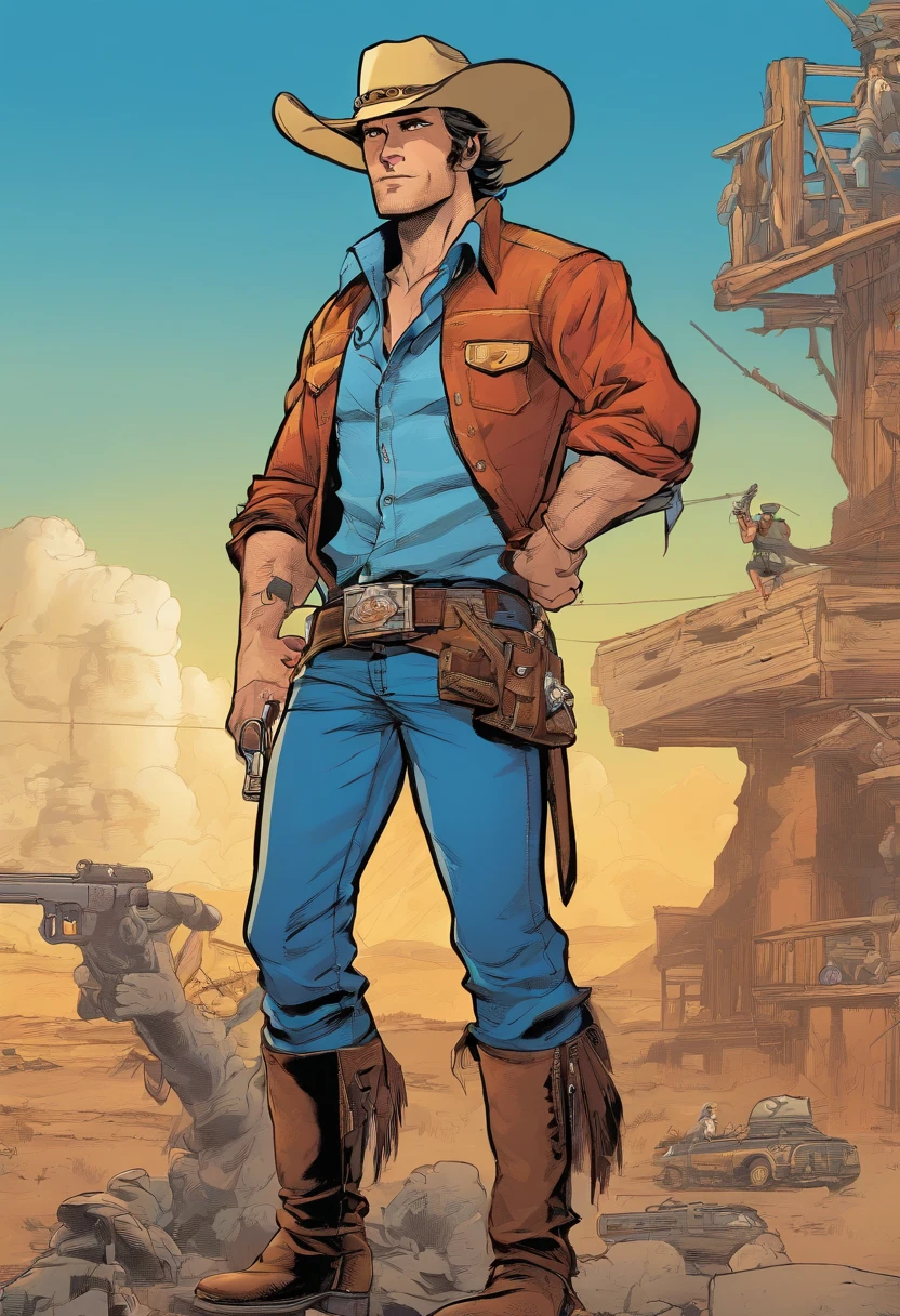 Cowboy, rugged, blue shirt, hat, gun belt, short hair, clean shaven, crossed arms, neck scarf