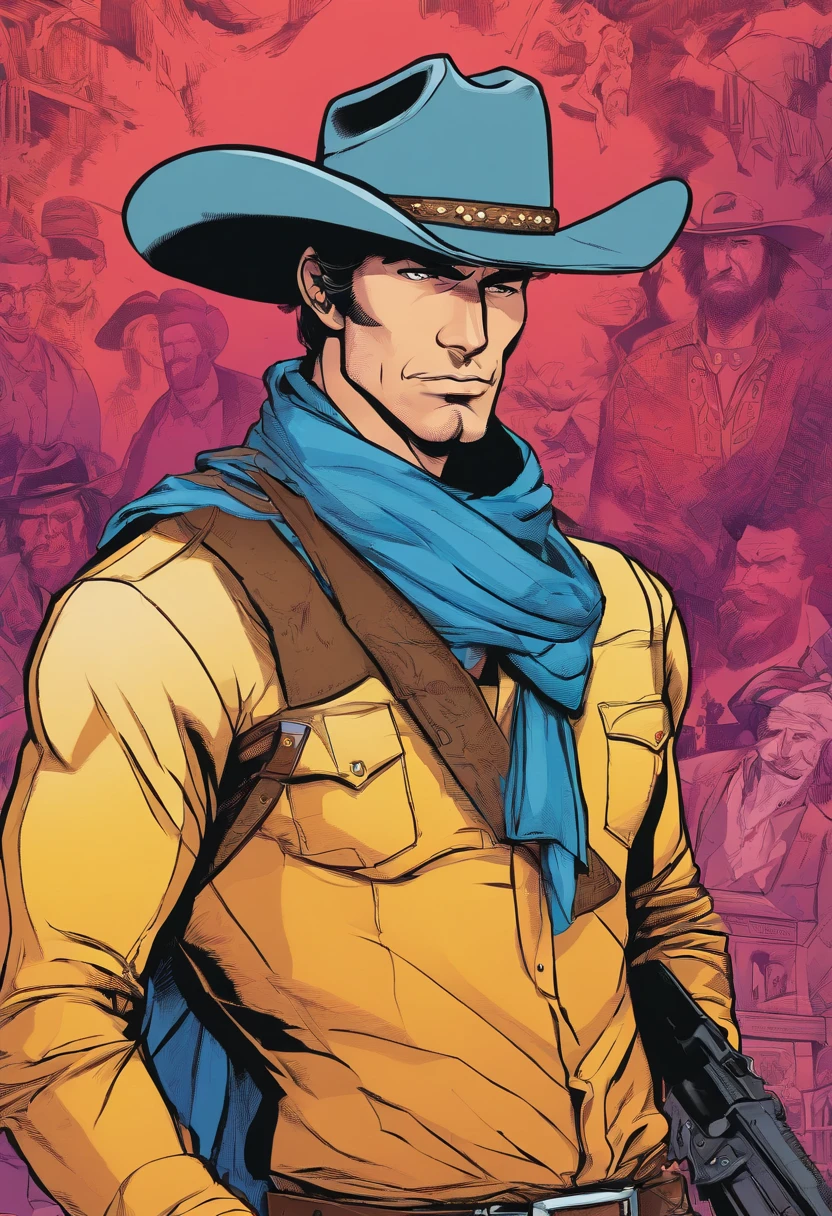 Cowboy, rugged, blue shirt, hat, gun belt, short hair, clean shaven, crossed arms, neck scarf