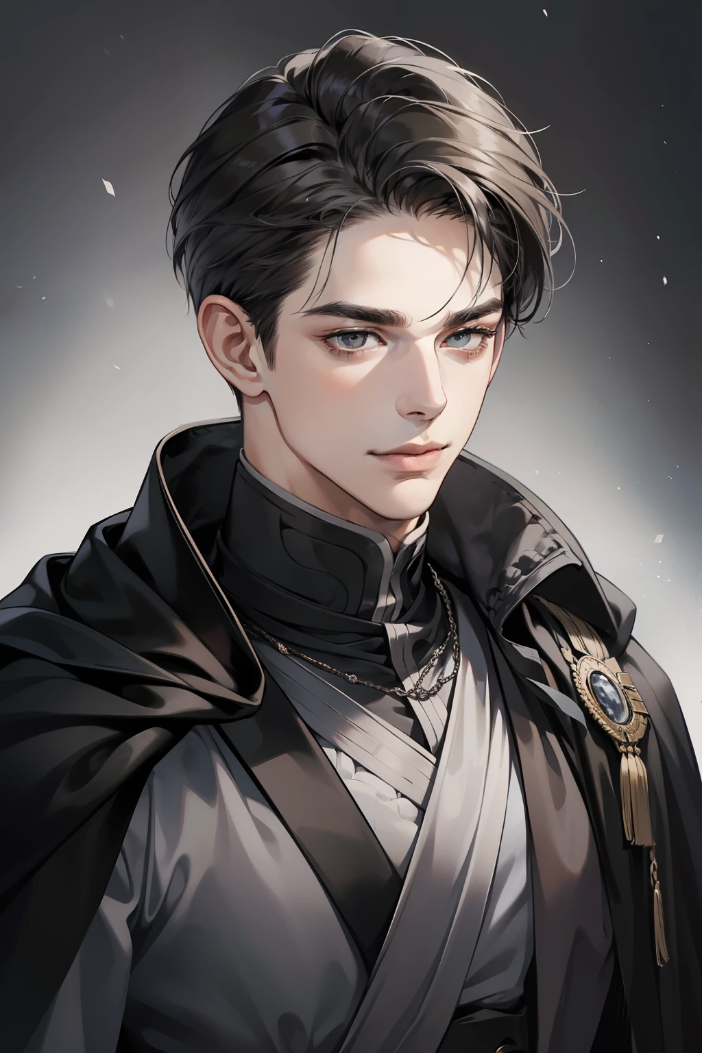 masterpiece, best quality, realistic, 1man, mature male, quiet and charming young man, 25 year old, a smirk, closed mouth, portrait, extremely detailed face, cold and smirk, ((dark grey eyes)), ((short-right-swept dark hair)), [thick eyebrows], dark palace, ((long black cape)), ((all black)), (dark grey eyes)