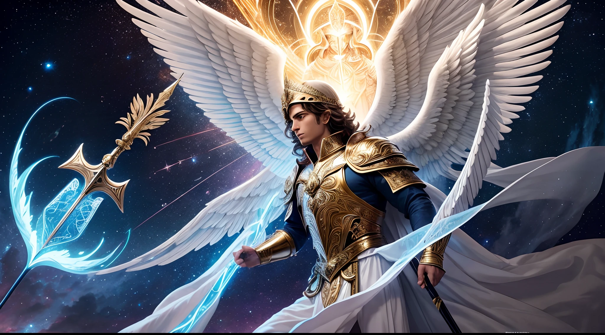 um personagem masculino bonito meia idade, o arcanjo Miguel, imagem celestial, detalhes intricados, realista, asas ROSAS e grandes, fundo angelical, Catholic illustrative image of the archangel Michael, Male character of the Bible, Michael is wearing his angelic armor, cosmic background, Illumination in the Archangel and in the background, imagem do corpo todo do anjo, Maximum detail and his angelic face and wings, pele perfeita realista, Maximum image quality, Miguel ele esta destacado na imagem com cores fortes e chamativas, asas grandes, with a spear in his hand, protetor