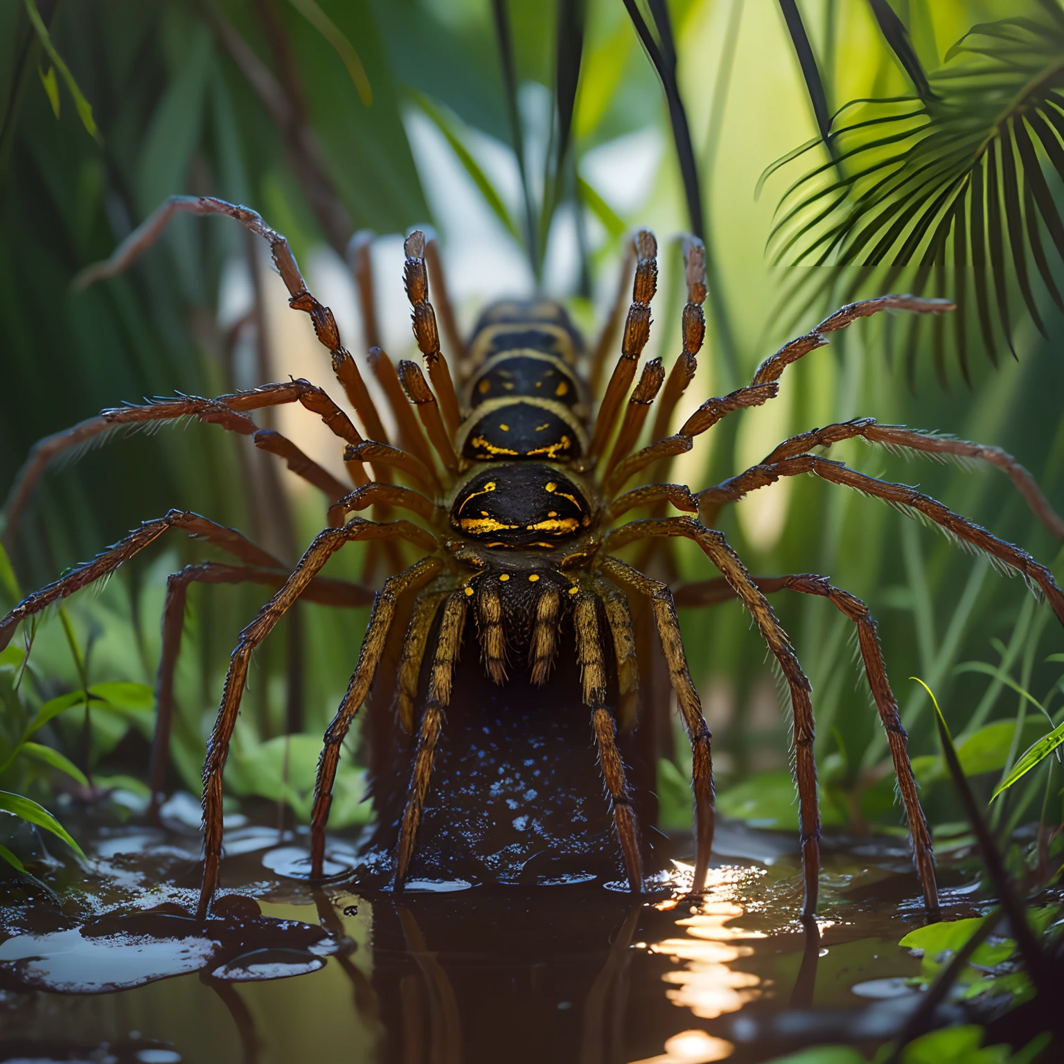 Raft spider, giant spider, jungle, grim fog, dark, dirty water, ugly trees, evening, dark sky, palms, clouds, fog