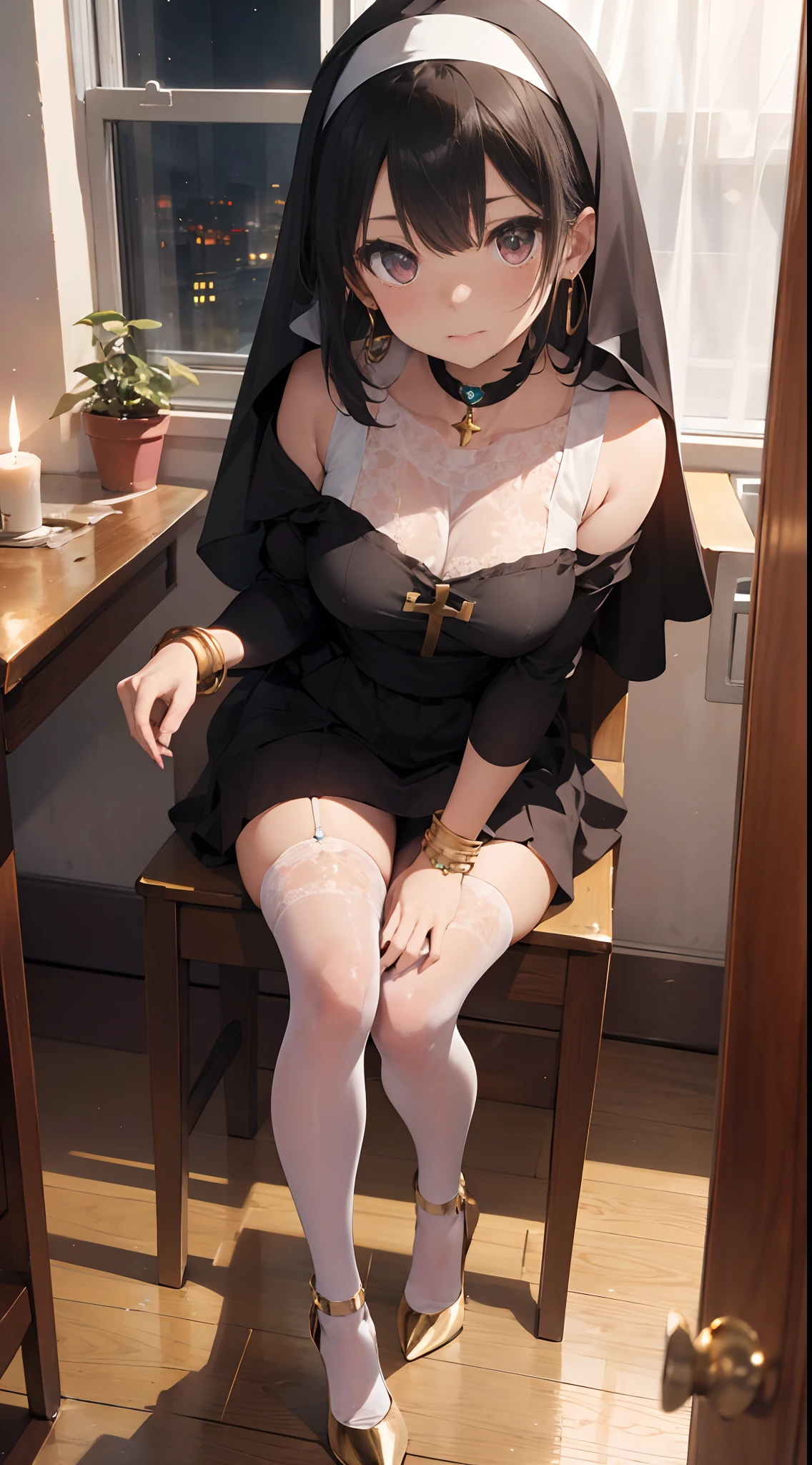 （tmasterpiece，best qualtiy），solo person， Personal focus， Black color hair， inside in room，(lewd nun) ， long whitr hair， window， a pink eyes，（chies）， waxy candles， looking at viewert， standing on your feet，(Gold-tone high heels)，White panty hose，Translucent clothes，((the night))，cropped shoulders，sit on chair，Gold bracelet，Gold earrings，gold choker