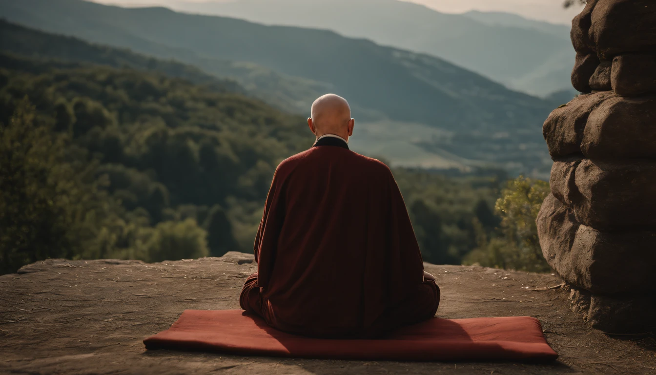 photo of an inspiring setting full of Italian mountains, of a man about 90 years old, bald zen master, on his back meditating, ultra sharp focus, photo realistic, medieval men's clothing, tetrahedral colors (scar:1,4)