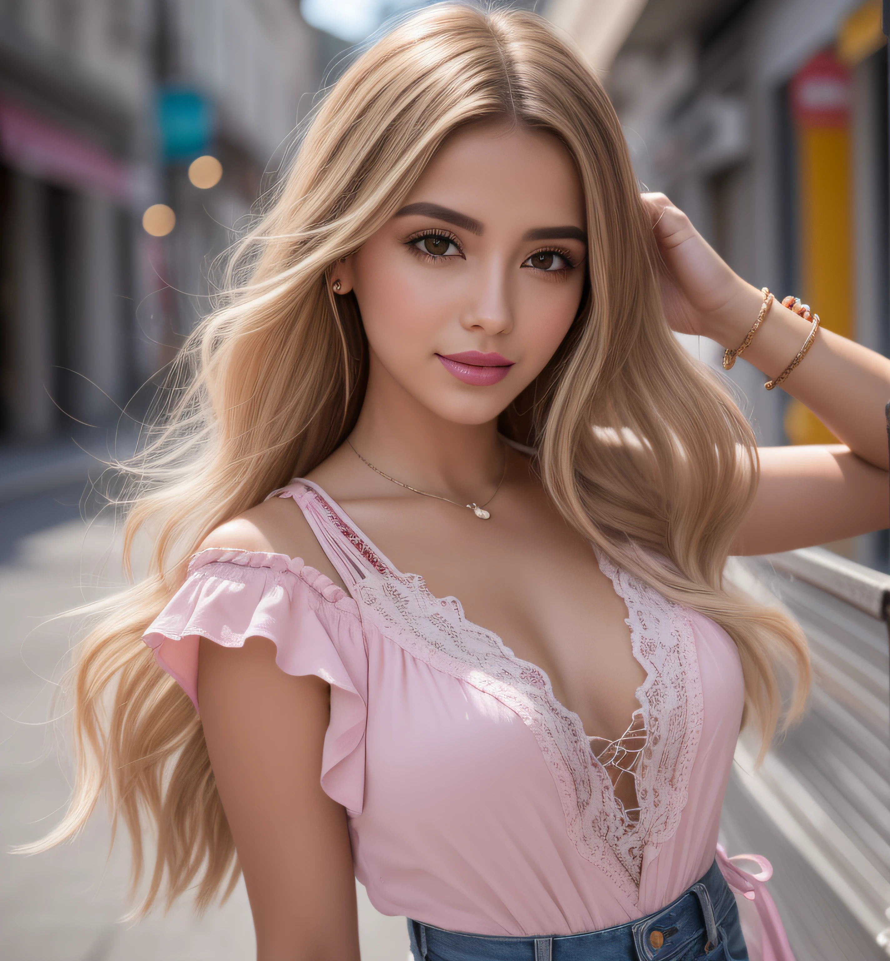 Uma mulher jovem e bonita, blonde hair that falls gently in waves up to the shoulders, altura mediana, olhos grandes e verdes, pele clara, She's in a blouse with cleavage, em uma rua movimentada, Ela sorri, mostra os dentes, there are people in the background of the image is spring the street is flowery, o sol bate de costas fazendo seus cabelos brilharem, seu semblante esta naturalmente sereno, lips with light pink lipstick, Textura 8K, altamente detalhados, realista, soft Cinematic Light, HDR, sharp fokus, obra-prima, fotorrealista, fotografia premiada, Canon EOS R5, 35 mm.