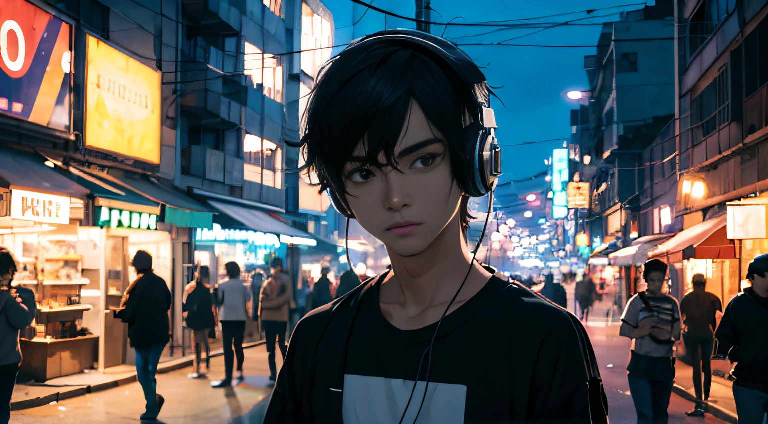 menino 20 anos, Estilo anime, melhor qualidade, noite, surrounded by buildings with neon signs, soft-lighting, noite, headphones on head, Facing the camera squarely, looking-into-camera