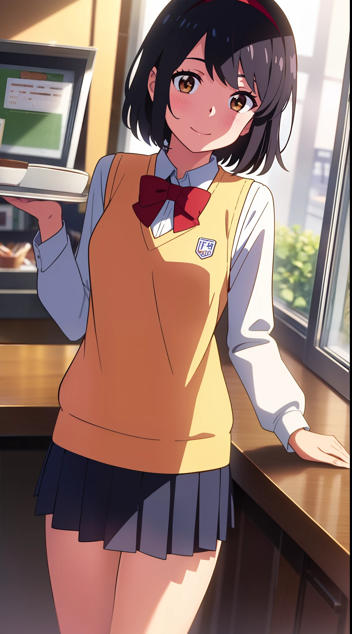 shinkai makoto, kimi no na wa., 1girl, bangs, black hair, blush, bow, brown eyes, collared shirt, headband, looking at the viewer, red bow, red headband, red ribbon, school uniform, shirt, short hair, smile, solo, sweater vest, vest, white shirt, yellow sweater vest, yellow vest, smile, happy, short skirt, long sleeves, puffy sleeves, red neckerchief, indoors, coffee shop, cowboy shot, tray, tray in one hand, coffee, clipboard, flower