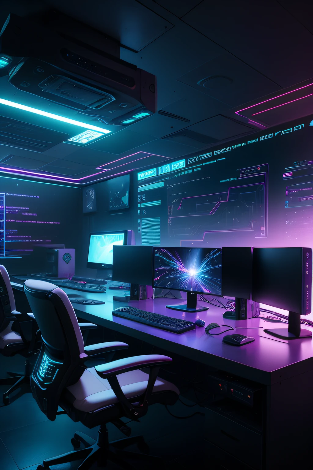 a dimly lit computer lab with lots of monitors, stip led lights and a keyboard, cyberpunk setting, Cyber punk configuration, cyber neon lighting, cyber space, cyberpunk with neon lighting, luzes cyber neon, in a cyberpunk themed room, interior cyberpunk, Gamer screen on metal table, cyber aesthetic, Cybernetic style, computador sci-fi, cyber background, cyber installation, console e computador, realistic, render 4k