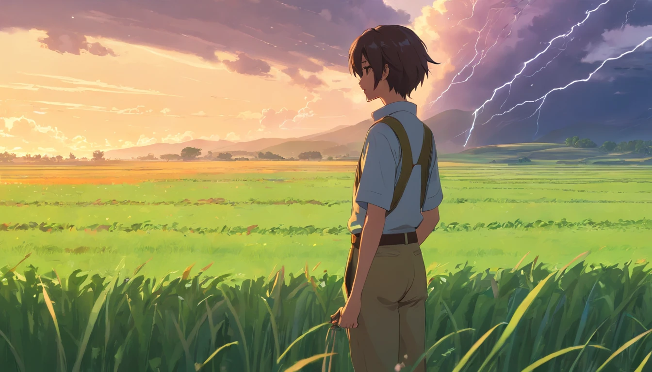 a farmer's field with damaged crops and frustrated farmers looking on of a green landscape, a raw emu birds(Male: 1.1), black eyes, profile, oriental beauty, (masterpiece), best quality, Anime, merge, colorful, vibrant colors, illustration, artstyle, fantasy, realistic, animation, (photo_(medium):1.0 ), by Antonio J. Manzanedo, by Jeremy Lipking, lightning, in surreal landscapes, smooth, sharp focus