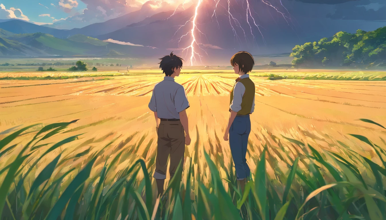 a farmer's field with damaged crops and frustrated farmers looking on of a green landscape, a raw emu birds(Male: 1.1), black eyes, profile, oriental beauty, (masterpiece), best quality, Anime, merge, colorful, vibrant colors, illustration, artstyle, fantasy, realistic, animation, (photo_(medium):1.0 ), by Antonio J. Manzanedo, by Jeremy Lipking, lightning, in surreal landscapes, smooth, sharp focus