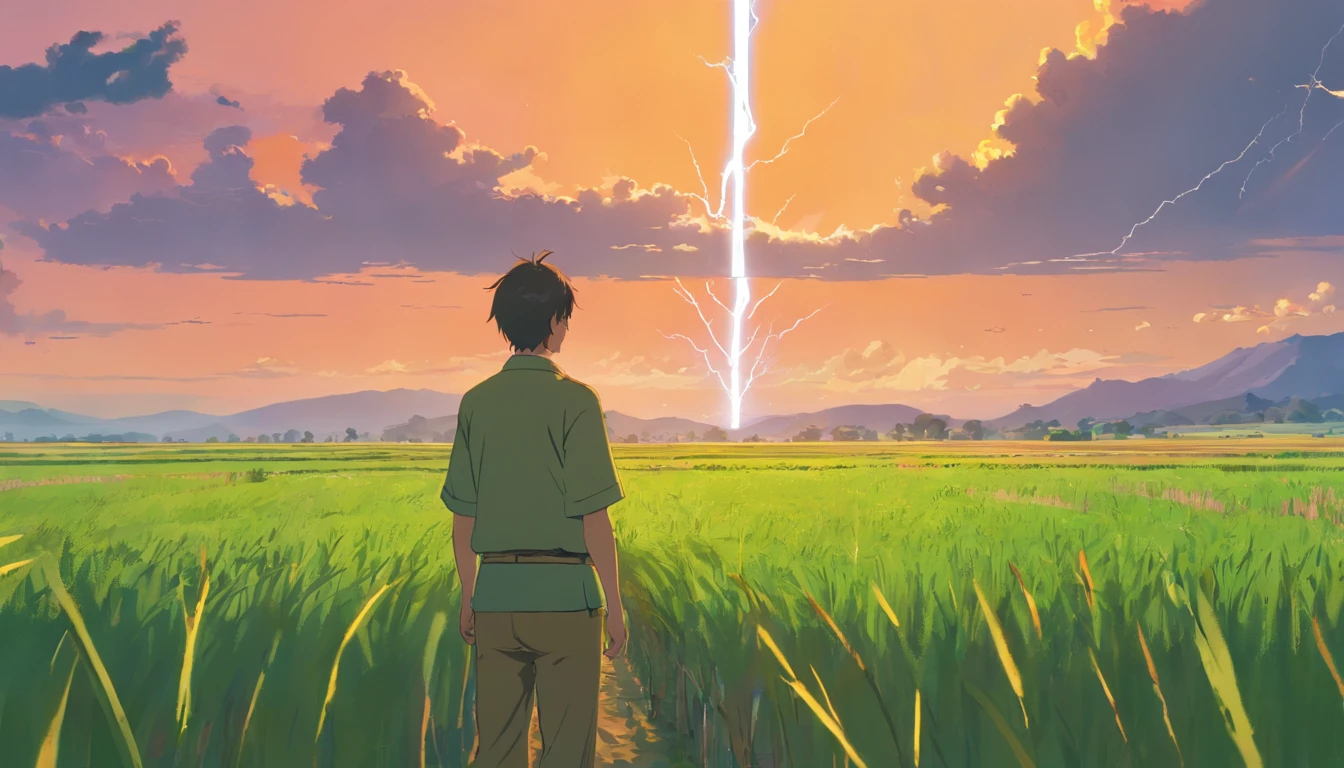 a farmer's field with damaged crops and frustrated farmers looking on of a green landscape, a raw emu birds(Male: 1.1), black eyes, profile, oriental beauty, (masterpiece), best quality, Anime, merge, colorful, vibrant colors, illustration, artstyle, fantasy, realistic, animation, (photo_(medium):1.0 ), by Antonio J. Manzanedo, by Jeremy Lipking, lightning, in surreal landscapes, smooth, sharp focus