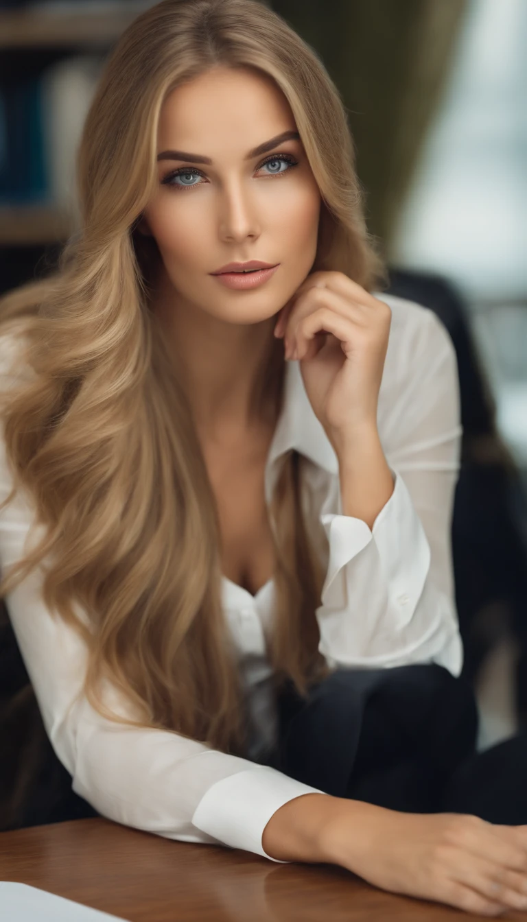professional, (Dittmann Anna:0.3), (Arian Mark:0.3), (Sharp focus:1.3), high detail, wearing trendy clothes, beautiful detailed face, hazel eyes, long blonde hair, attractive young woman, body shape, office with desk